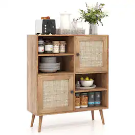 Costway - Rattan Buffet Sideboard Accent Storage Cabinet Coffee Bar Cabinet Doors Cubbies - Natural