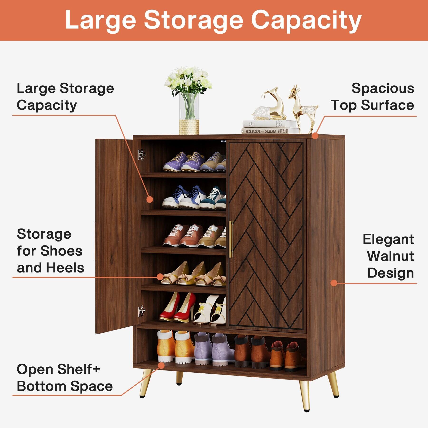Large Storage Capacity  
Spacious Top Surface  
Storage for Shoes and Heels  
Elegant Walnut Design  
Open Shelf+ Bottom Space