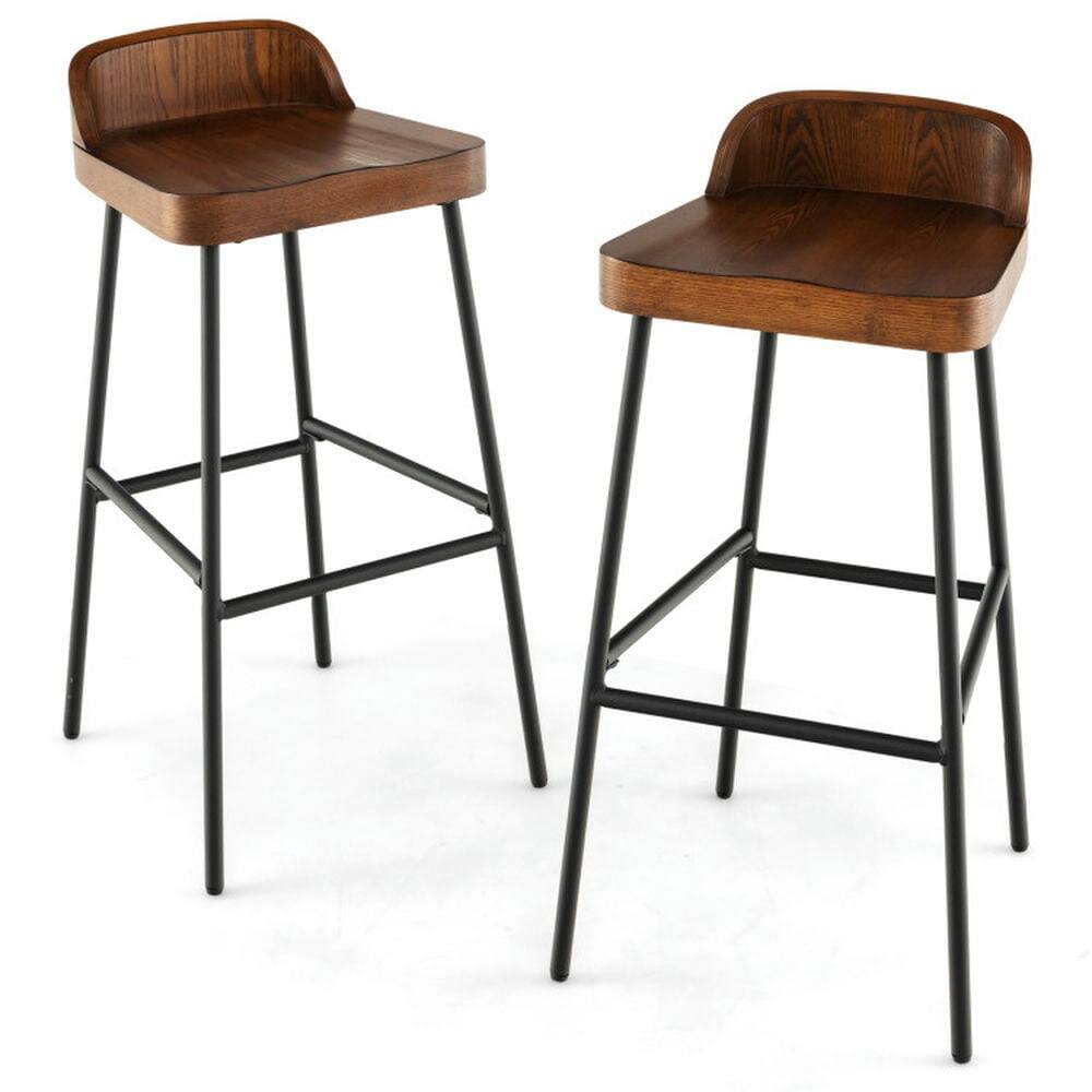 Back. Kadyn - Set of 1/2 29 In Industrial Bar Stools with Low Back and Footrests-2-Pc Set, for Kitchen Island - Brown.
