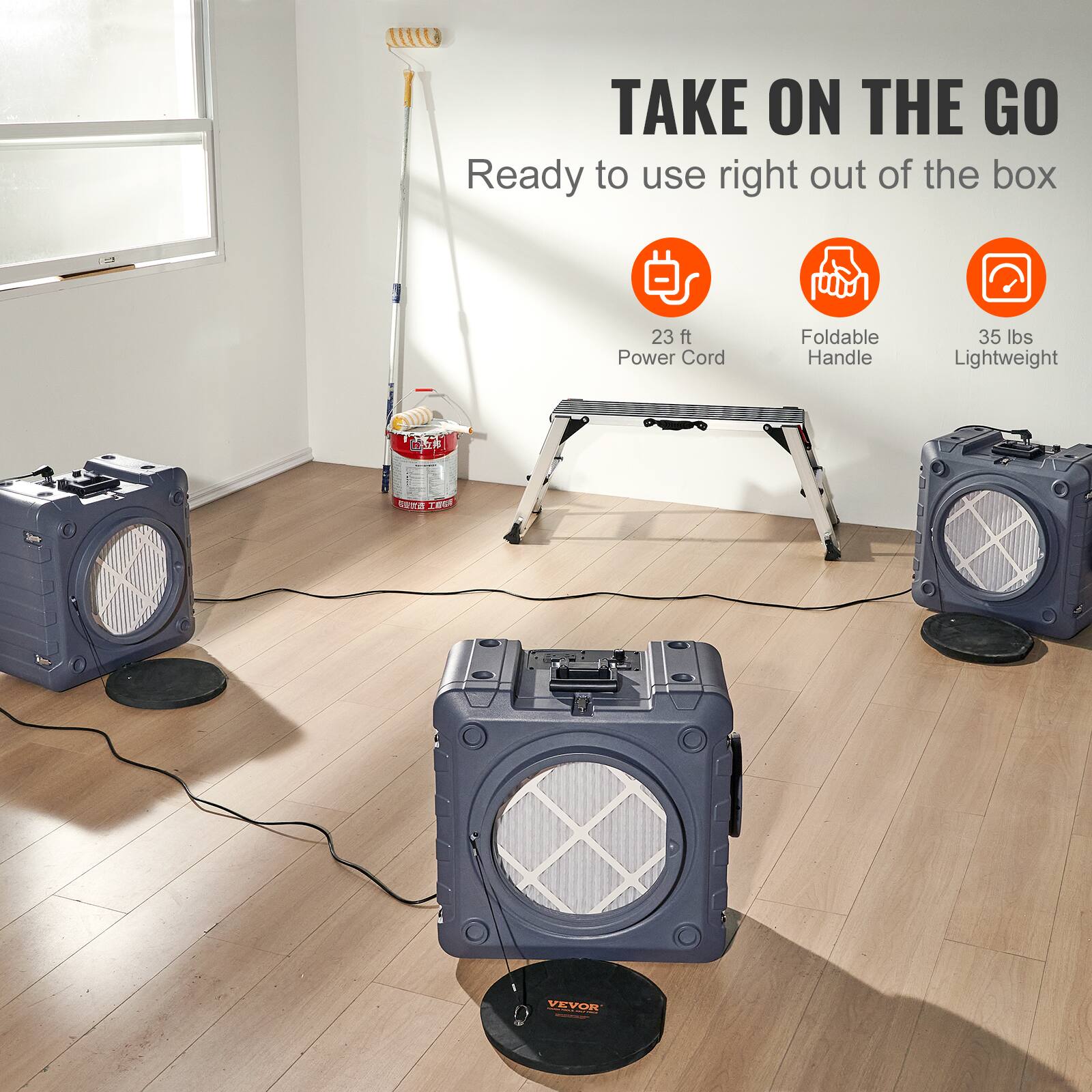 TAKE ON THE GO  
Ready to use right out of the box  

23 ft Power Cord  
Foldable Handle  
35 lbs Lightweight