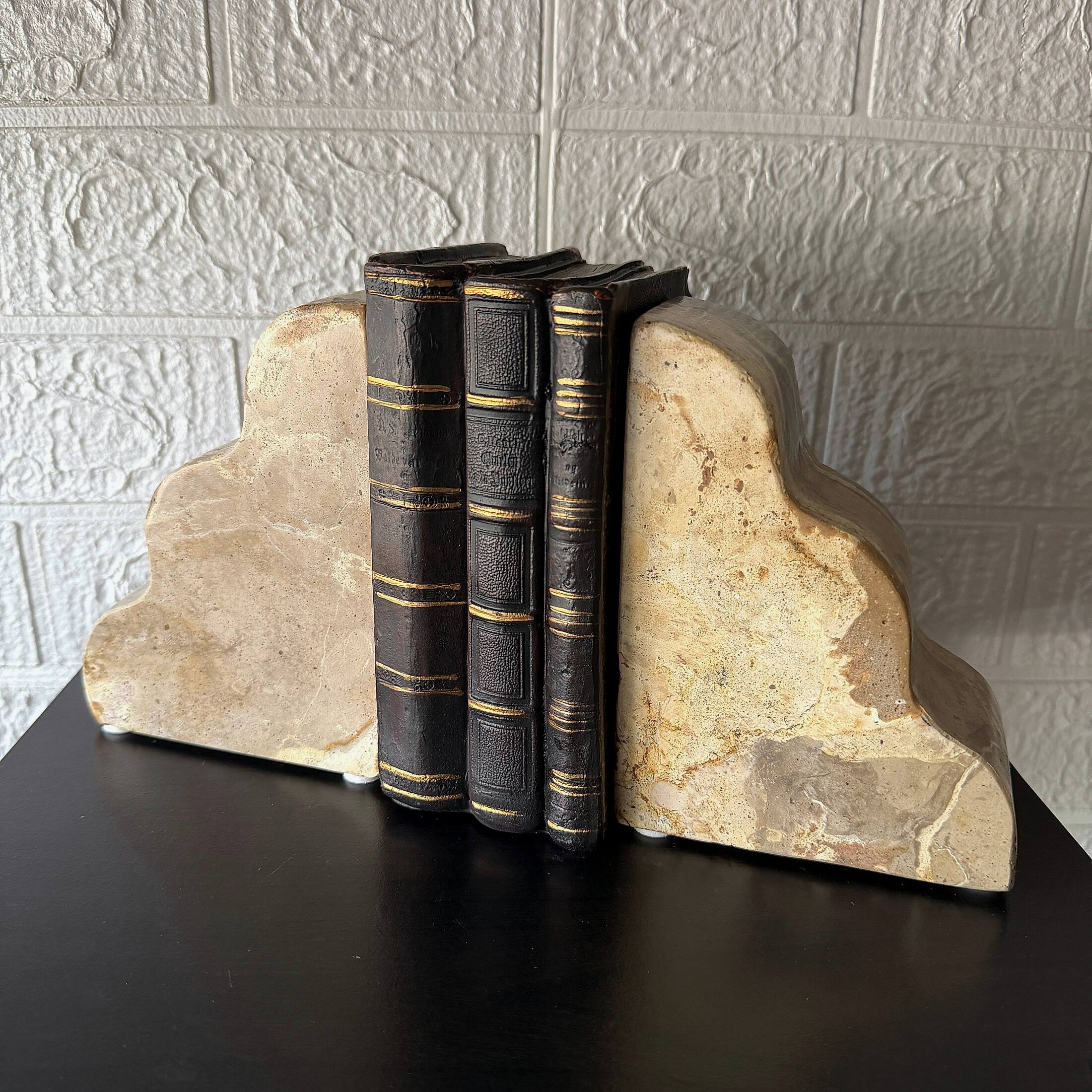 Alt View 3. Things2Die4 - Scalloped Marble Bookends Set of 2 Natural Veined Stone 9 Inch Wide Felt Pads - Natural.