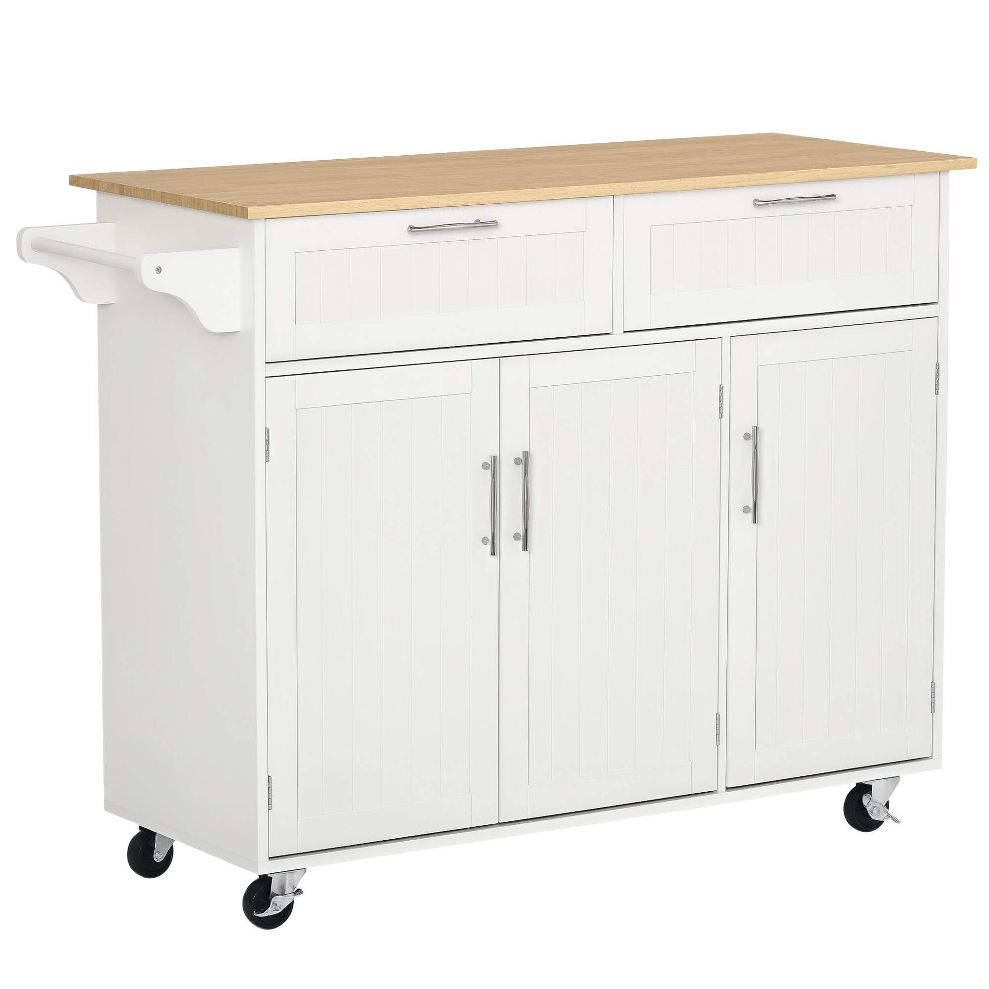 Homcom - Mobile Kitchen Island with Storage, Kitchen Cart with Wood Top, Storage Drawers, 3-door Cabinets, Adjustable Shelves - White
