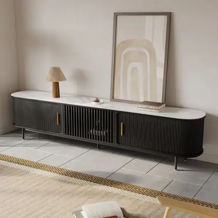 Front. POVISON - 94"Mid-Century Modern Glossy Sintered Stone Tabletop TV Stand - Black with Sintered Stone.