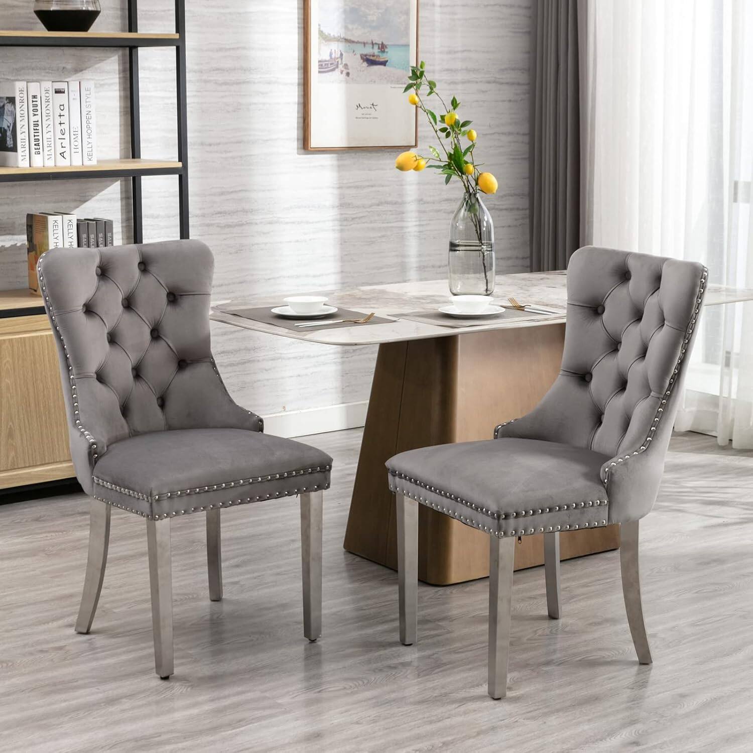 Trinkets Crazed - Velvet Dining Chair Set of 2 Upholstered Tufted Dining Room Chair with Nailhead Trim - Gray