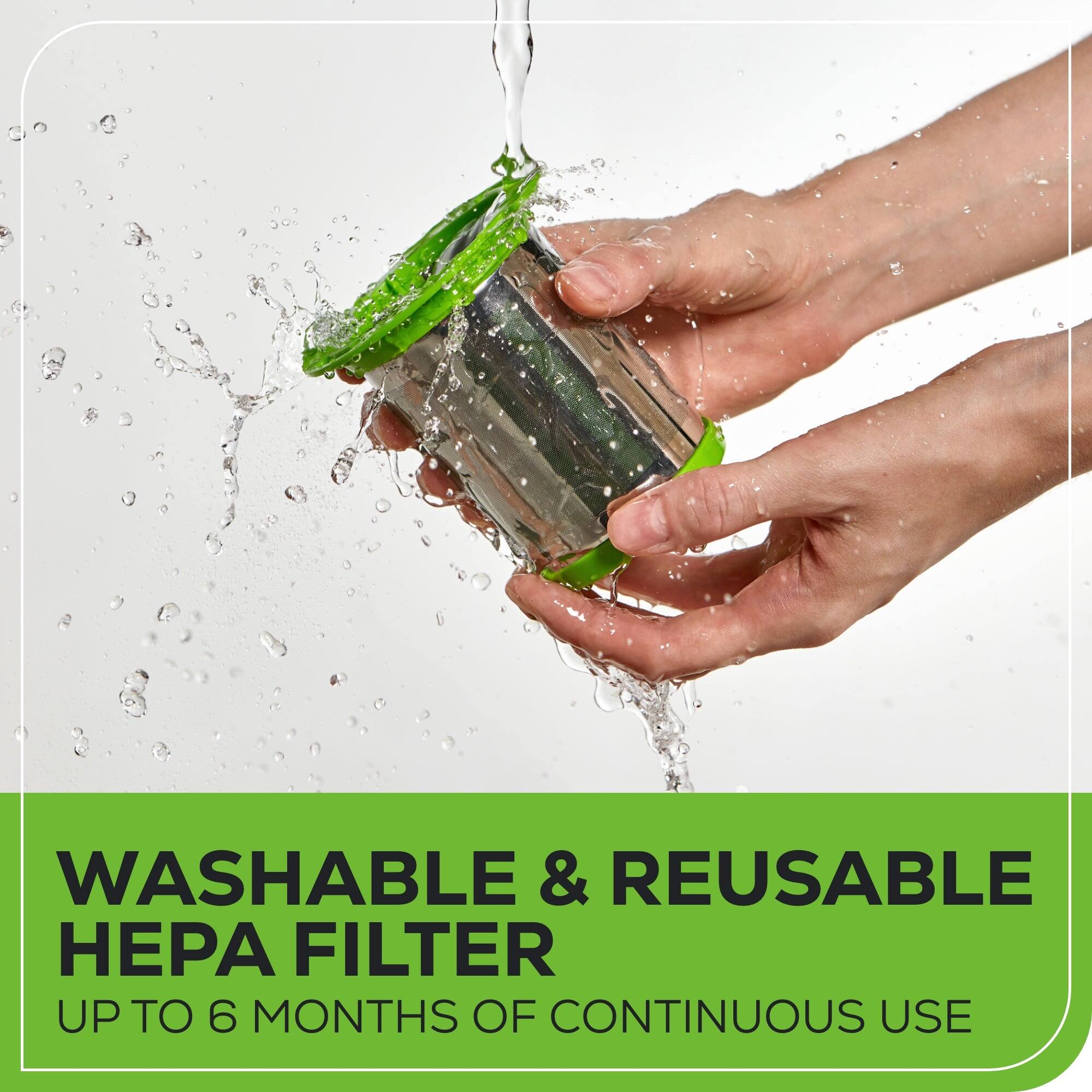 Washable & Reusable HEPA Filter: Up to 6 Months of Continuous Use