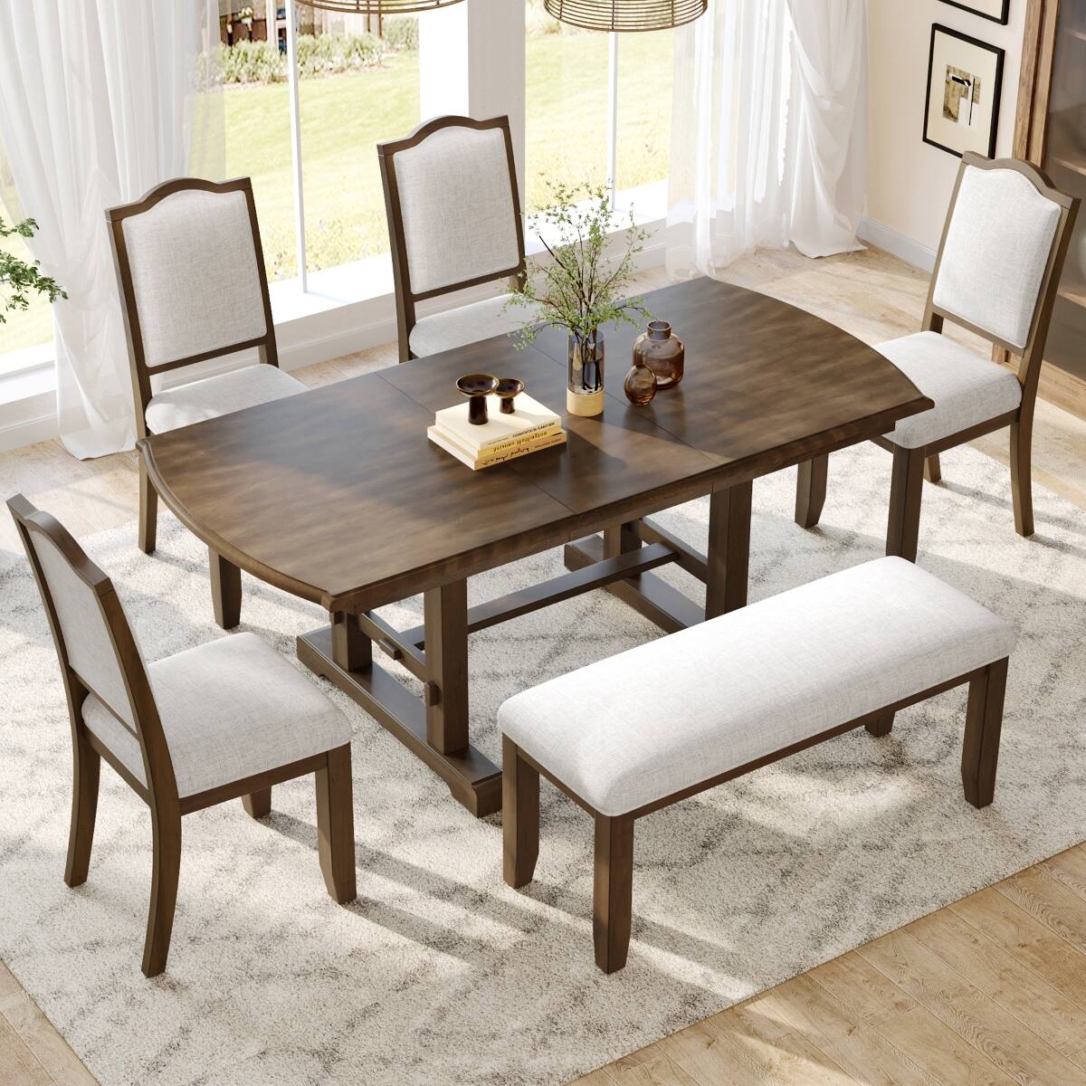 Loheer 6 Piece Dining Table Set, Extendable Rectangular Wood Table with ...