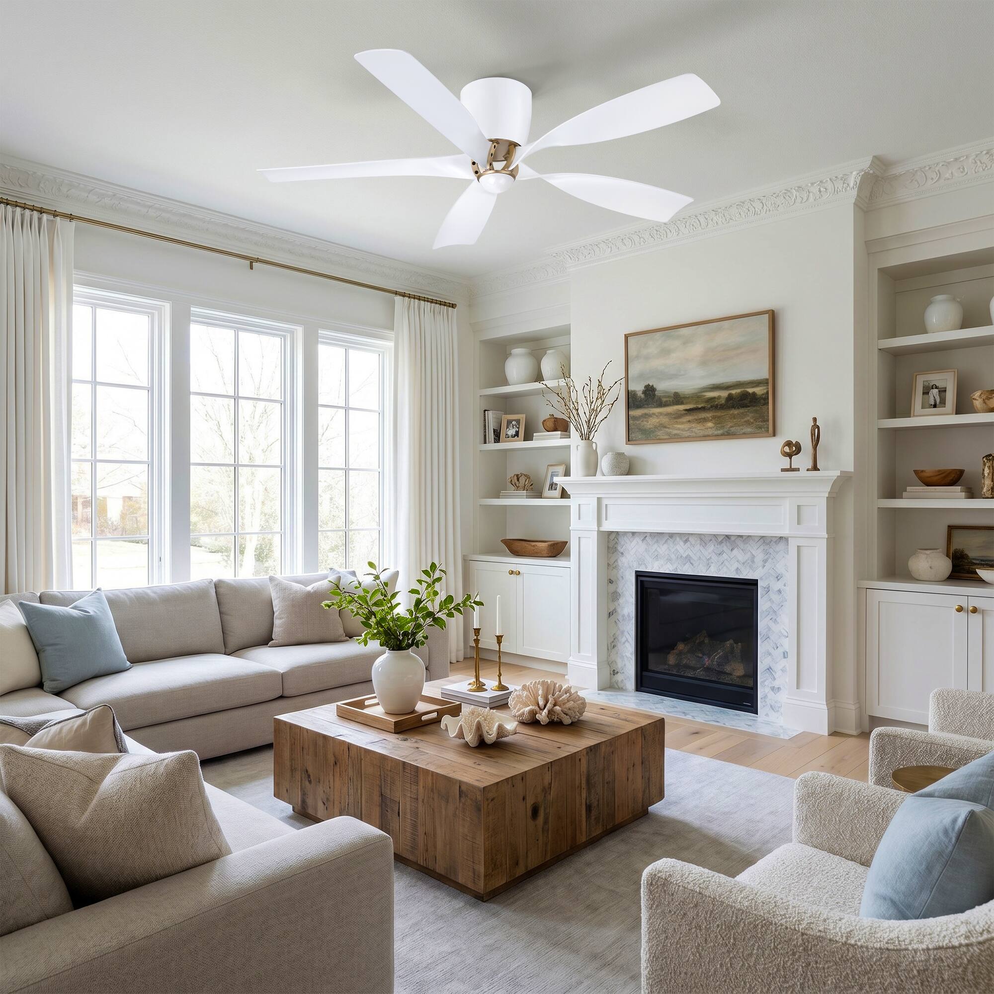 Angle. Parrot Uncle - 52" Modern 5 Blades 6-Speed Flush Mount Low Profile Ceiling Fan with Remote, No Light - White.