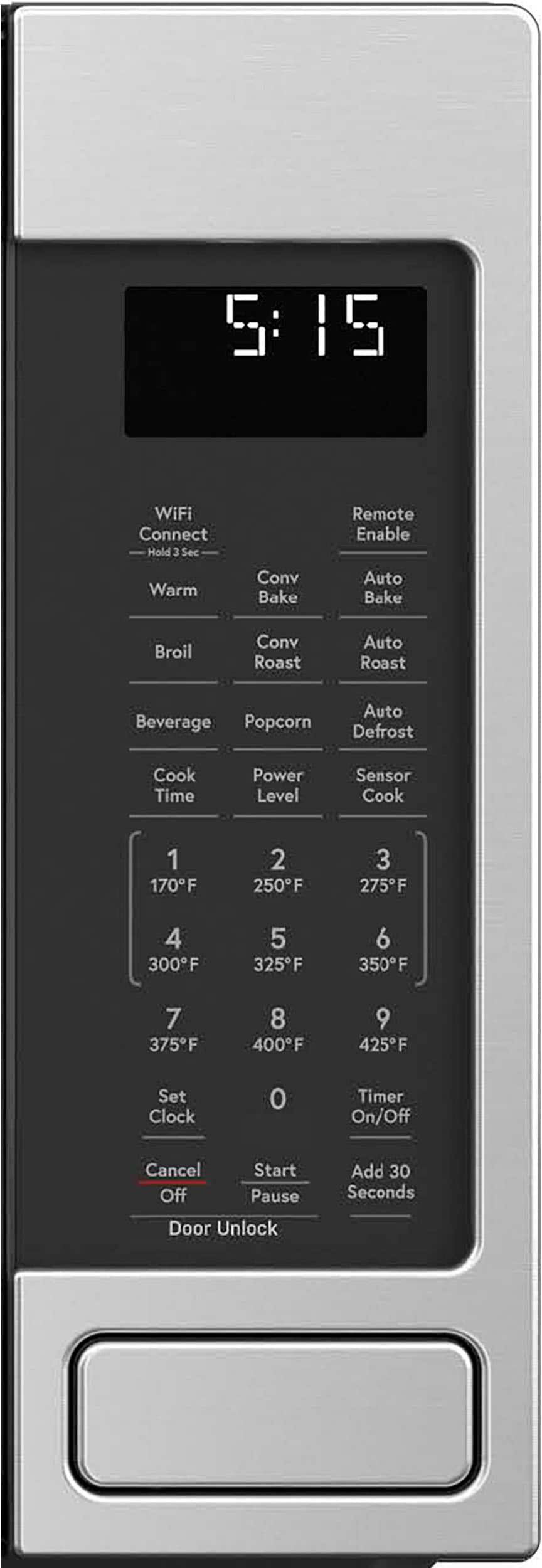 The image shows a microwave with the time 5:15 displayed on the screen. The microwave has various buttons and settings, including WiFi Connect, Hold 3 Sec, Warm Convection Bake, Remote Enable, Auto Bake, Broil Convection Roast, Auto Roast, Beverage, Popcorn, Auto Defrost, Cook Time, Power Level, Sensor Cook, and different cooking temperatures ranging from 170°F to 400°F. The microwave also has a clock setting and a timer function with on/off and pause options. Additionally, the microwave has a door unlock feature and the ability to add 30 seconds to the timer.