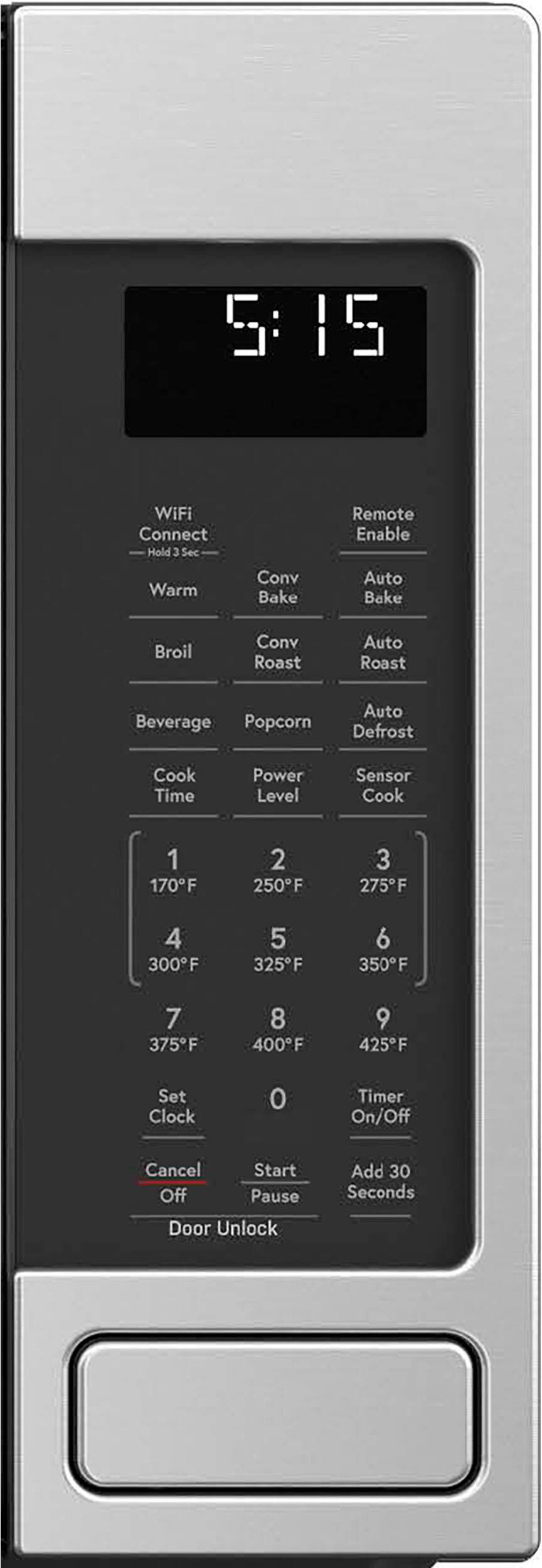The image shows a microwave with the time 5:15 displayed on the screen. The microwave has various buttons and settings, including WiFi Connect, Hold 3 Sec, Warm Convection Bake, Remote Enable, Auto Bake, Broil Convection Roast, Auto Roast, Beverage, Popcorn, Auto Defrost, Cook Time, Power Level, Sensor Cook, and different cooking temperatures ranging from 170°F to 400°F. The microwave also has a clock setting and a timer function with on/off and pause options. Additionally, the microwave has a door unlock feature and the ability to add 30 seconds to the timer.