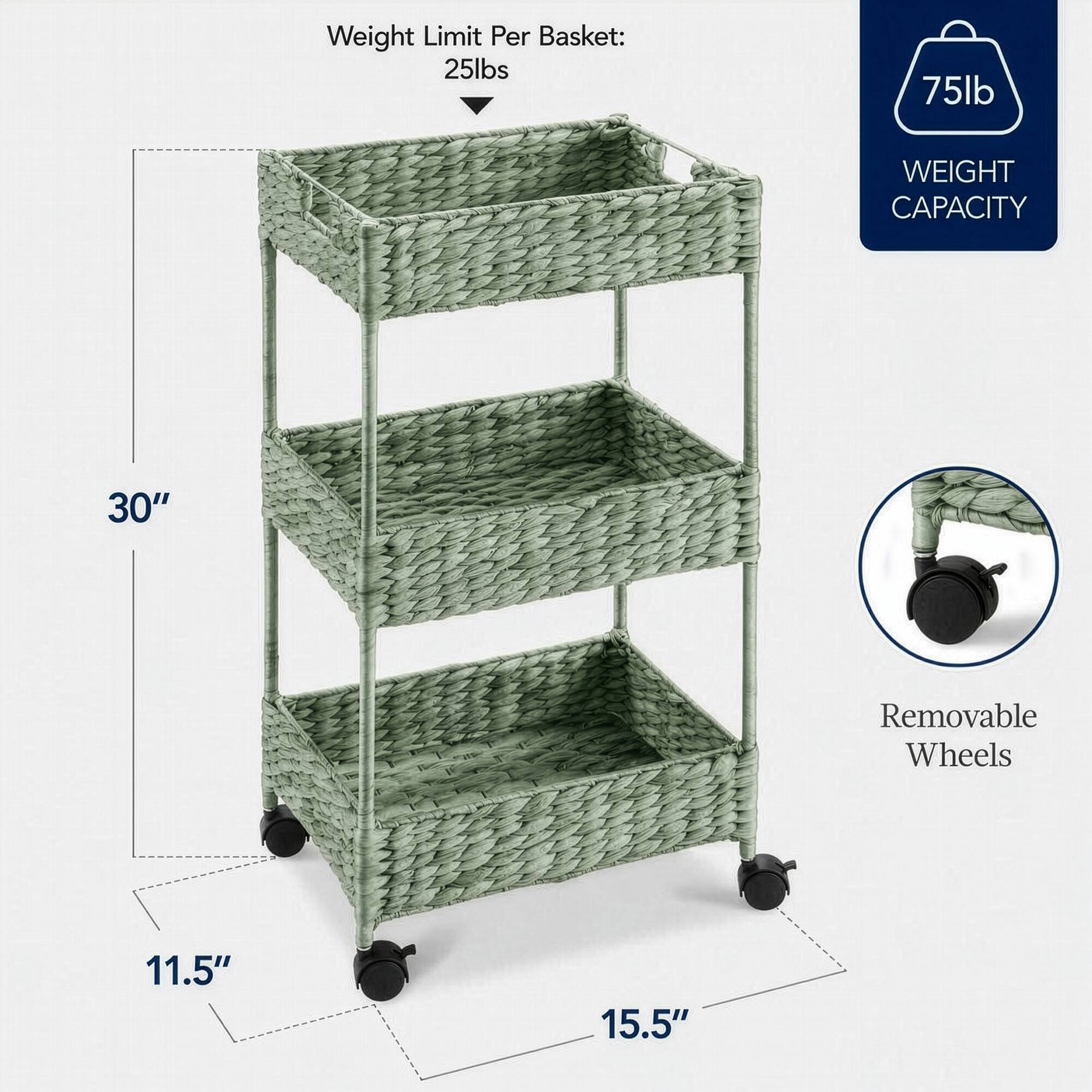 Weight Limit Per Basket: 25lbs  
75lb WEIGHT CAPACITY  
30"  
Removable Wheels  
11.5" x 15.5"