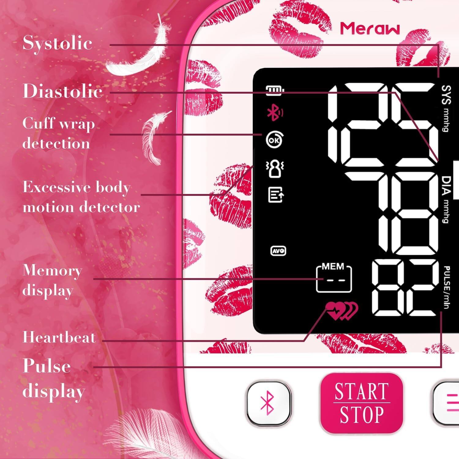 Systolic, Diastolic, Cuff wrap detection, Excessive body motion detector, Memory display, Heartbeat, Pulse display, SYS mmhg, DIA mmhg, MEM, PULSE/mln, START STOP, Meraw, OK, AVO