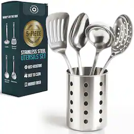 Luminuxe - Stainless Steel Kitchen Utensil Set with Holder, 5-Piece Heat Resistant Kitchen Tools Set, Nonstick