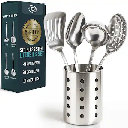 WHAT'S IN THE BOX
5-PIECE
STAINLESS STEEL UTENSILS SET
- RUST-RESISTANT
- EASY TO CLEAN
- MIRROR FINISH
Ladle
Slotted Turner
Serving Spoon
Skimmer