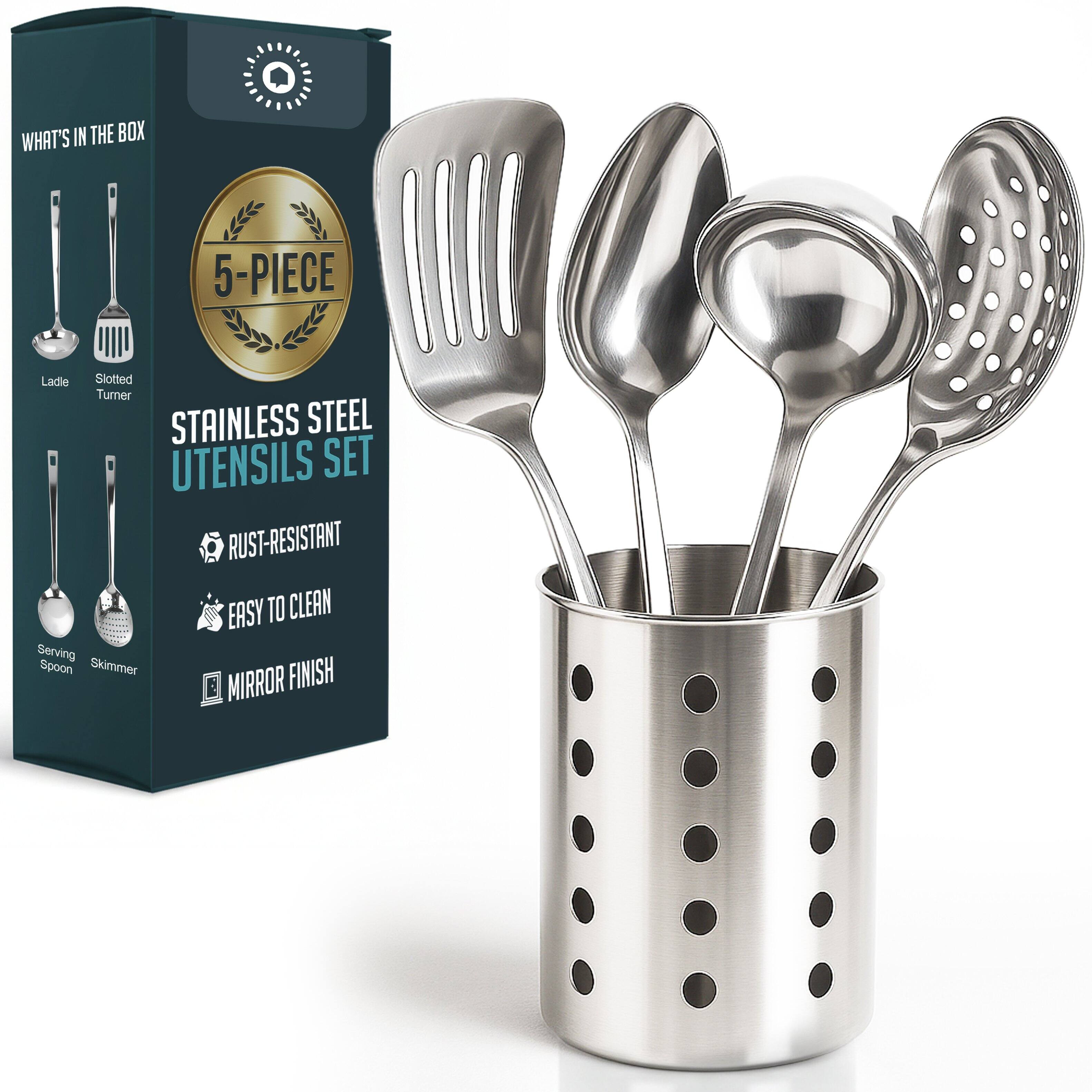 Luminuxe - Stainless Steel Kitchen Utensil Set with Holder, 5-Piece Heat Resistant Kitchen Tools Set, Nonstick