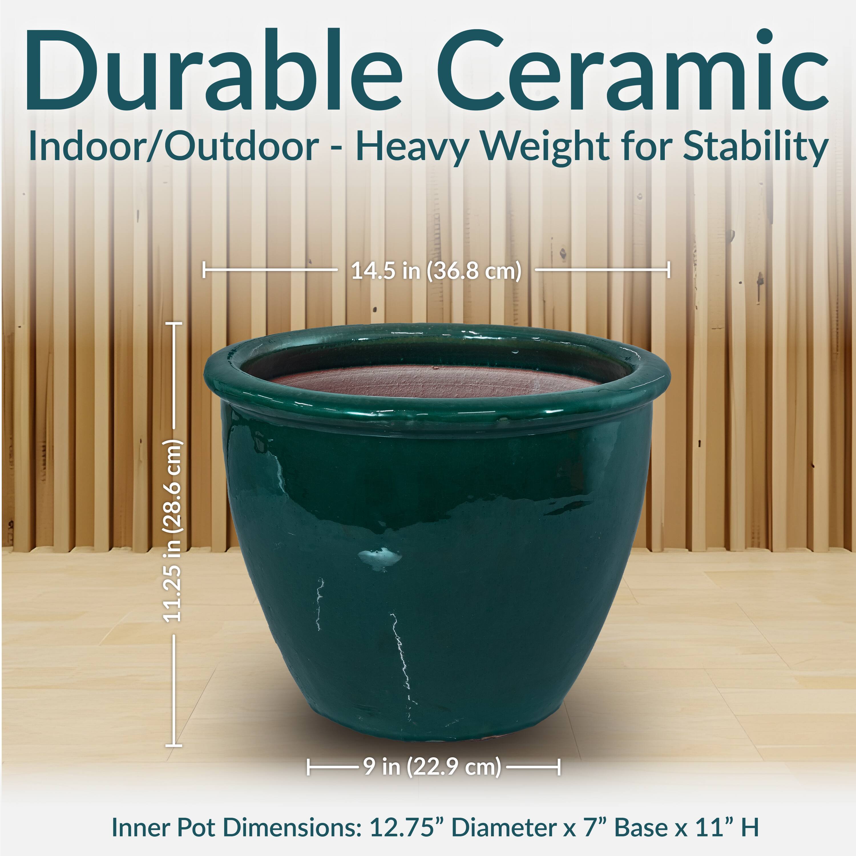 Durable Ceramic  
Indoor/Outdoor - Heavy Weight for Stability  

14.5 in (36.8 cm)  
11.25 in (28.6 cm)  
9 in (22.9 cm)  

Inner Pot Dimensions: 12.75" Diameter x 7" Base x 11" H