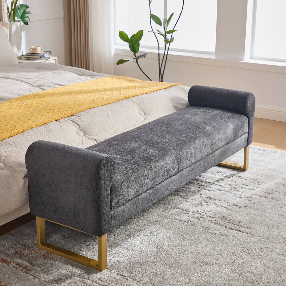 Alt View 6. Ropilly - 65" Dark Grey Chenille End of Bed Bench with Gold Legs, Modern Upholstered Ottoman Bench - Dark Grey.