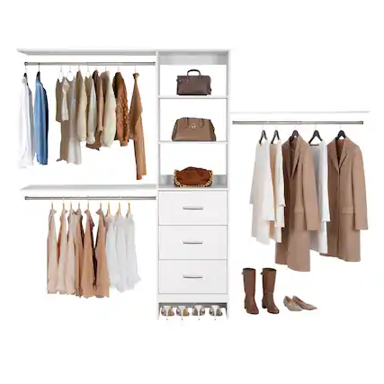 Front. VEVOR - Closet System with 3 Drawers, Adjustable Height Wooden Closet Organizers, Modern Walk-in Wardrobe Organization - White.