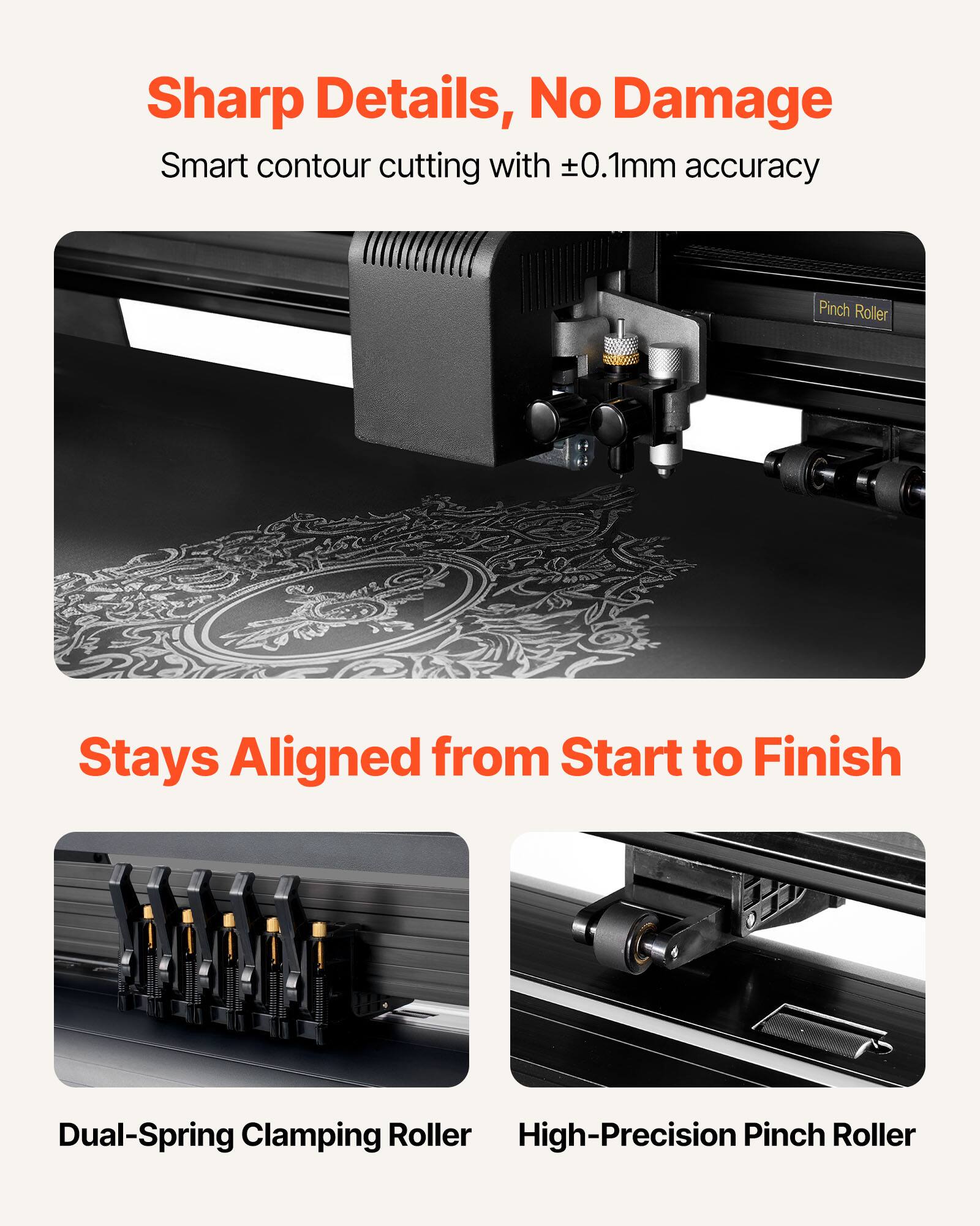 Sharp Details, No Damage  
Smart contour cutting with ±0.1mm accuracy  

Stays Aligned from Start to Finish  
Dual-Spring Clamping Roller  
High-Precision Pinch Roller