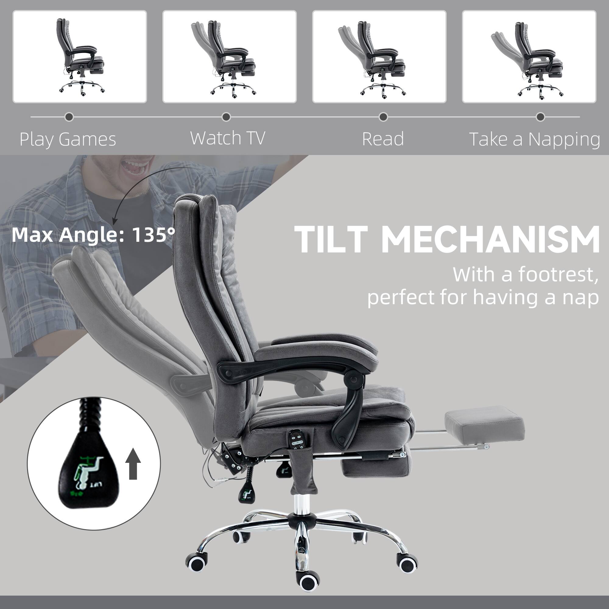 Play Games, Watch TV, Read, Take a Napping, Max Angle: 135°, TILT MECHANISM, With a footrest, perfect for having a nap.