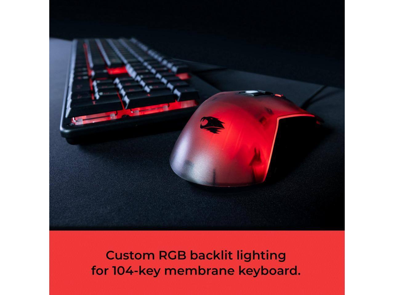 Custom RGB backlit lighting for 104-key membrane keyboard.