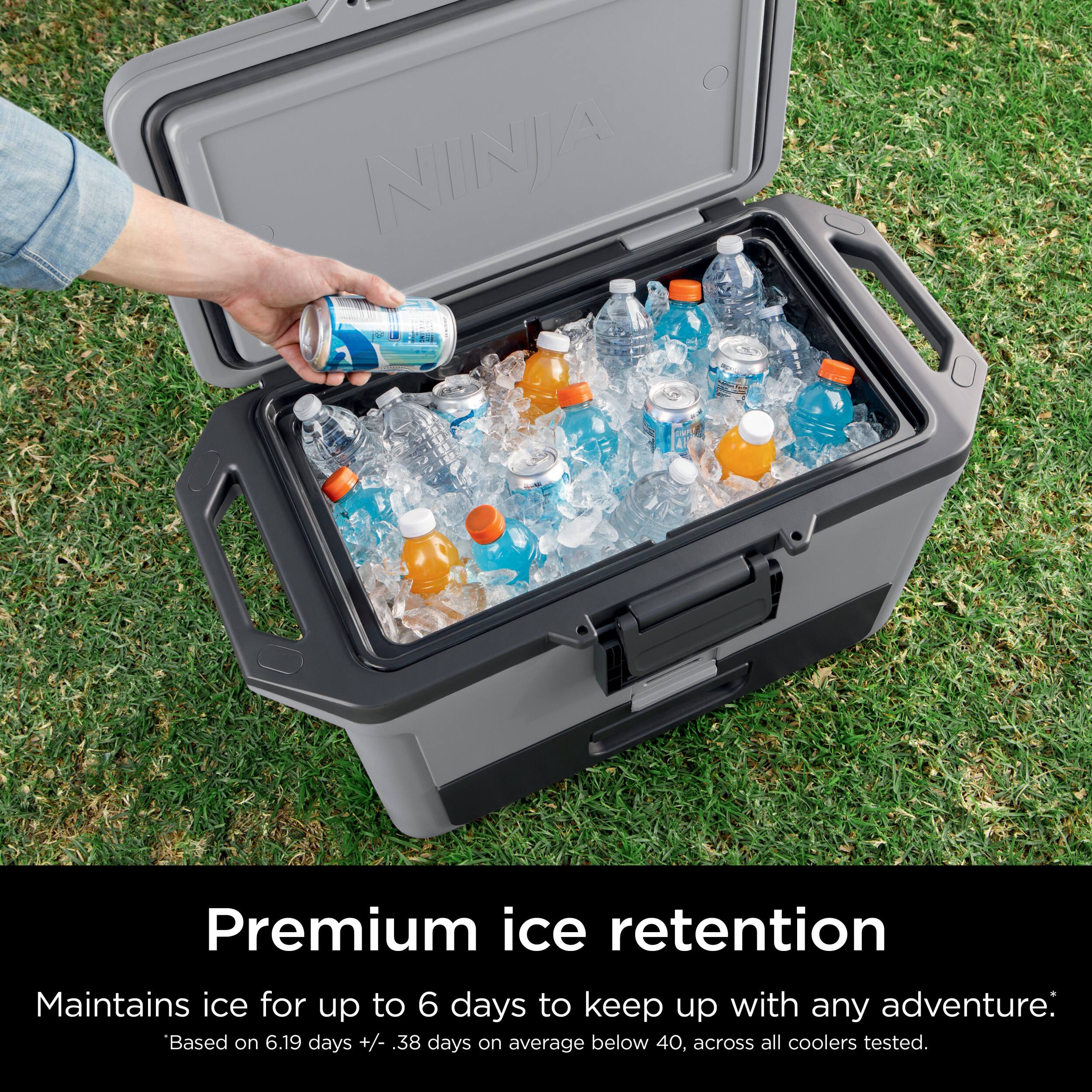 NINJA Premium ice retention maintains ice for up to 6 days to keep up with any adventure. Based on 6.19 days +/- 38 days on average below 40, across all coolers tested.