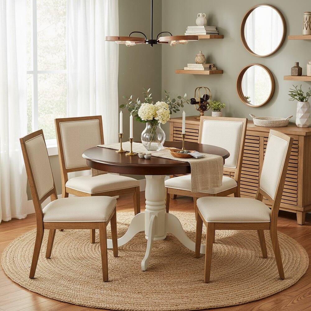 Left. FurniFact - Pedestal Dining Table - Mahogany & Linen White.