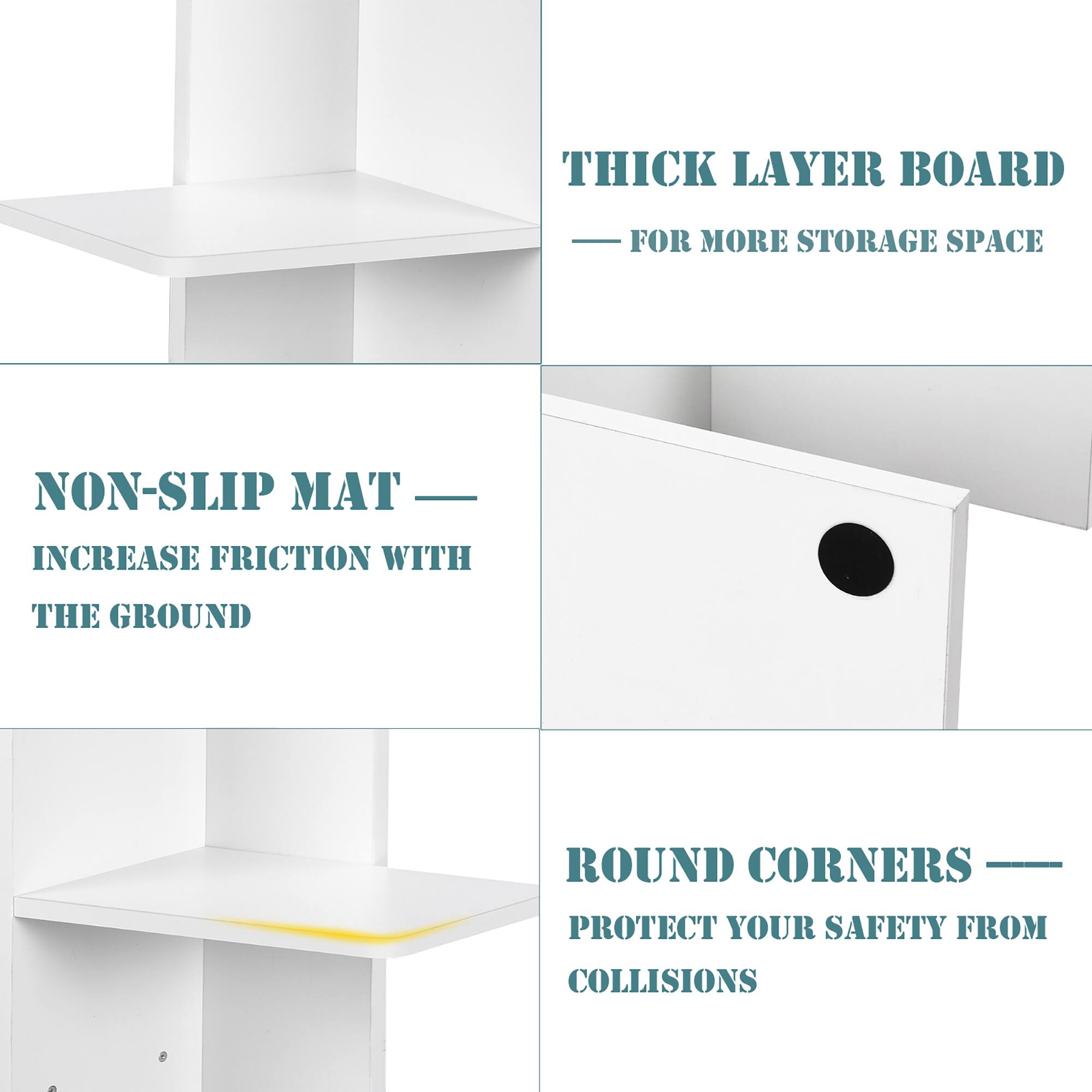 The text on the image can be grouped and corrected as follows:

1. THICK LAYER BOARD - FOR MORE STORAGE SPACE
2. NON-SLIP MAT - INCREASE FRICTION WITH THE GROUND
3. ROUND CORNERS - PROTECT YOUR SAFETY FROM COLLISIONS