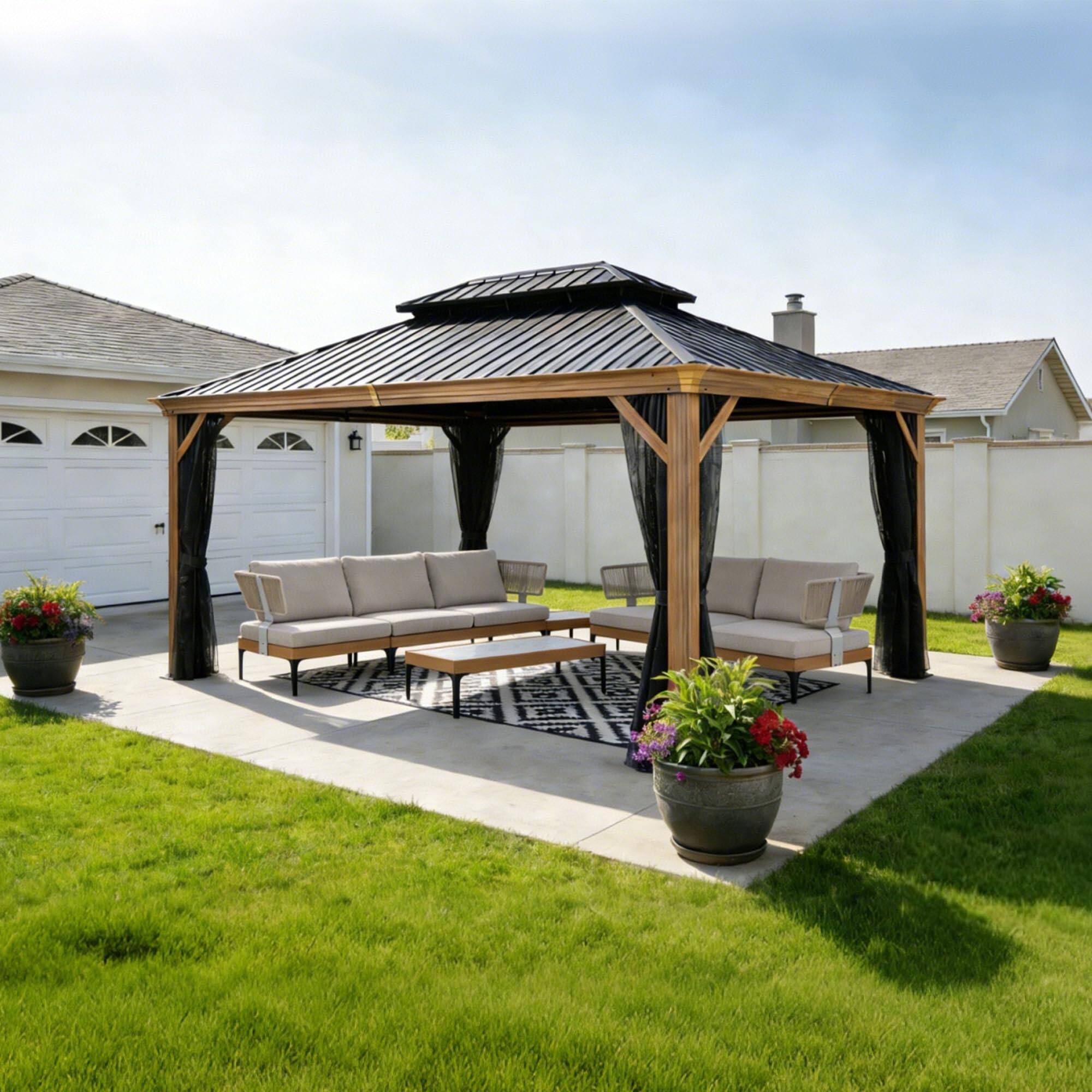 Angle. PURPLE LEAF - 10' X 16' Hardtop Outdoor Wood Grain Aluminum Gazebo with Double Roof for Patio Lawn and Garden, Netting Included - 10' X 16'.
