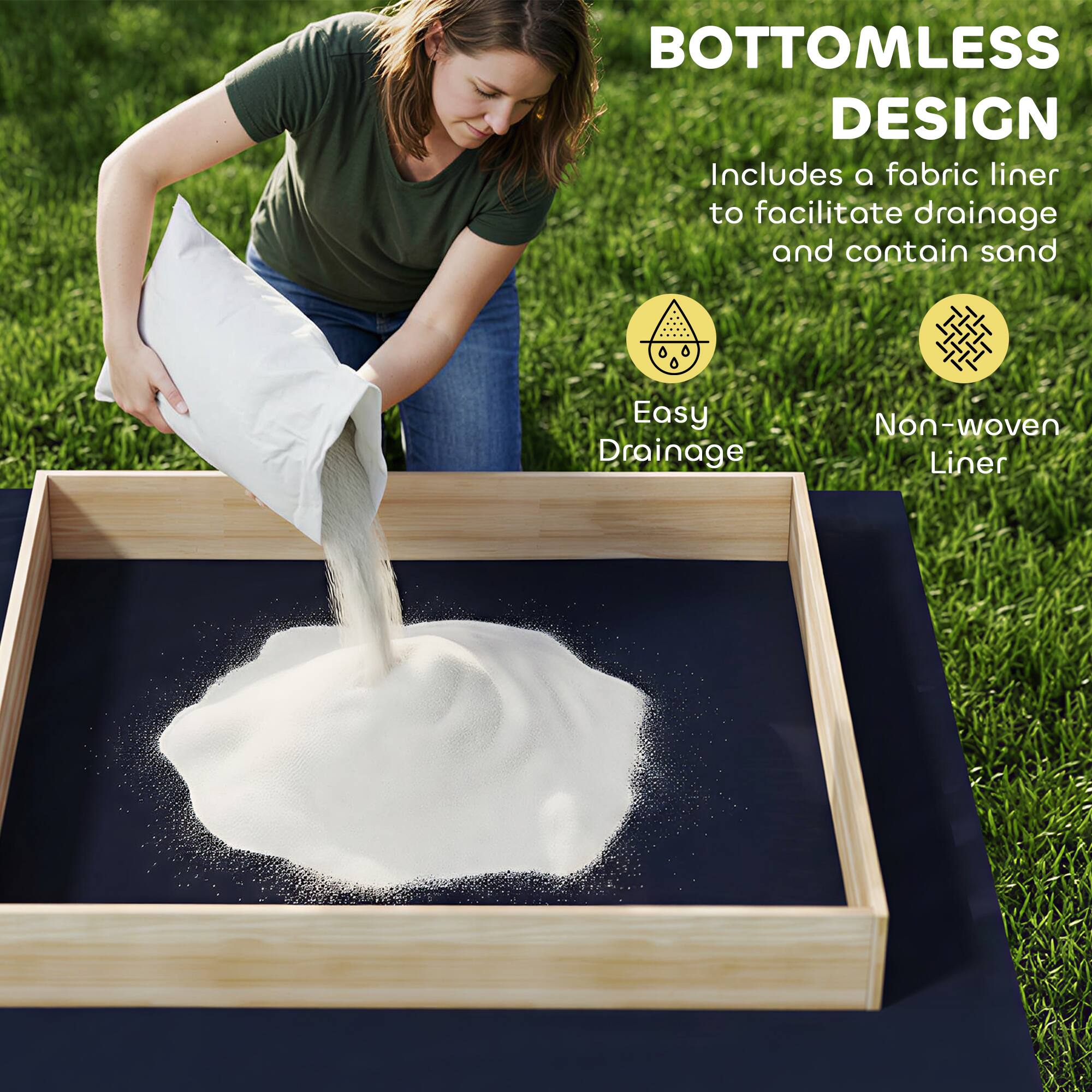 BOTTOMLESS DESIGN  
Includes a fabric liner to facilitate drainage and contain sand  

Easy Drainage  
Non-woven Liner