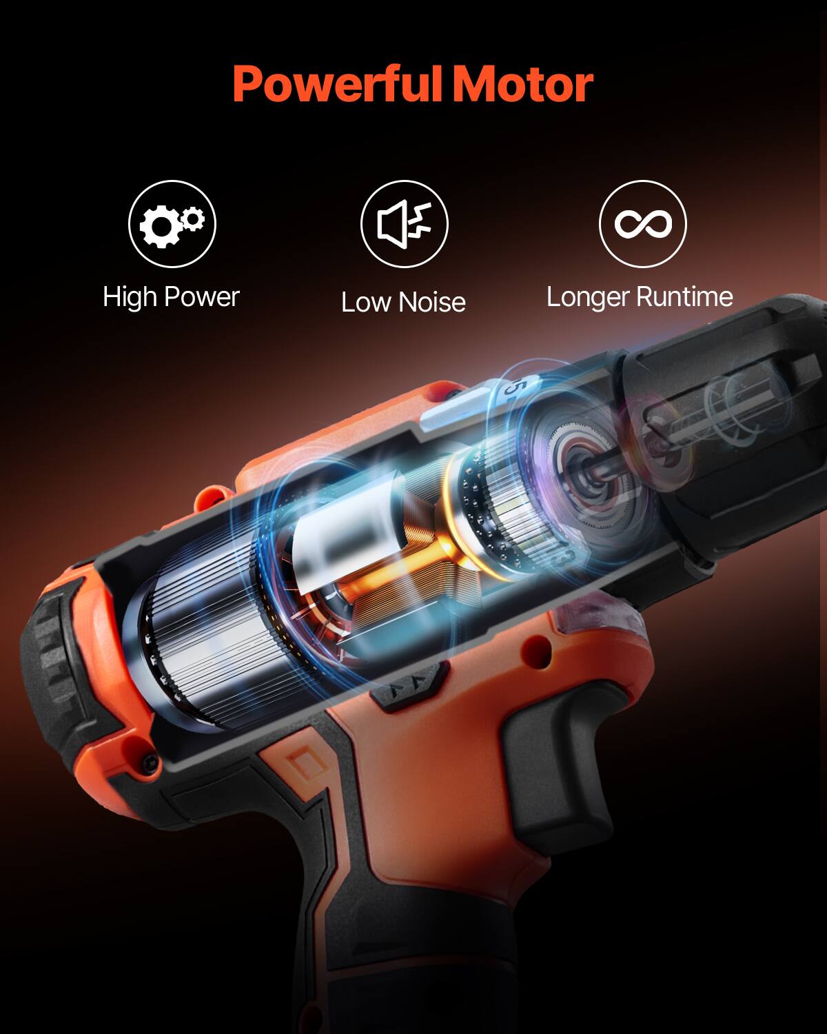 Powerful Motor

- High Power
- Low Noise
- Longer Runtime