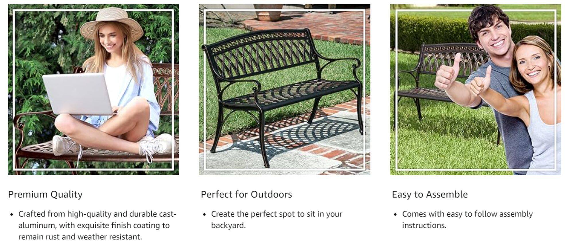 The image features three different pictures of a bench, each with a different description. The first picture is captioned "Premium Quality," the second is "Perfect for Outdoors," and the third is "Easy to Assemble." The text on the image suggests that the bench is made from high-quality, durable cast-aluminum material, with a weather-resistant finish coating. The bench is designed to be easy to assemble and can be used to create a comfortable and inviting spot in your backyard.