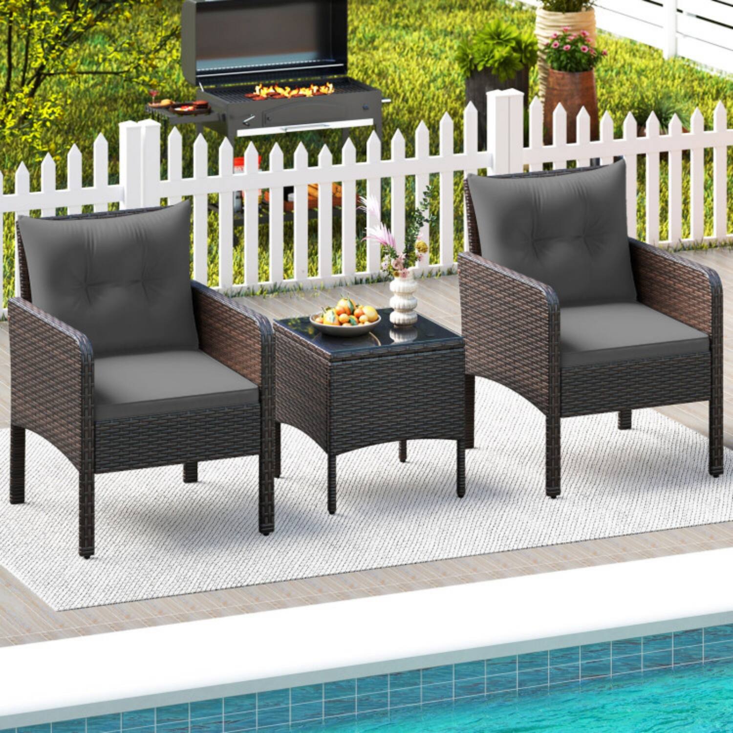 Alt View 2. Mondawe - Compact Freestanding Patio PE Wicker Set with Cushions 2 Chairs & Table 3-Piece - Mix Brown+Gray.