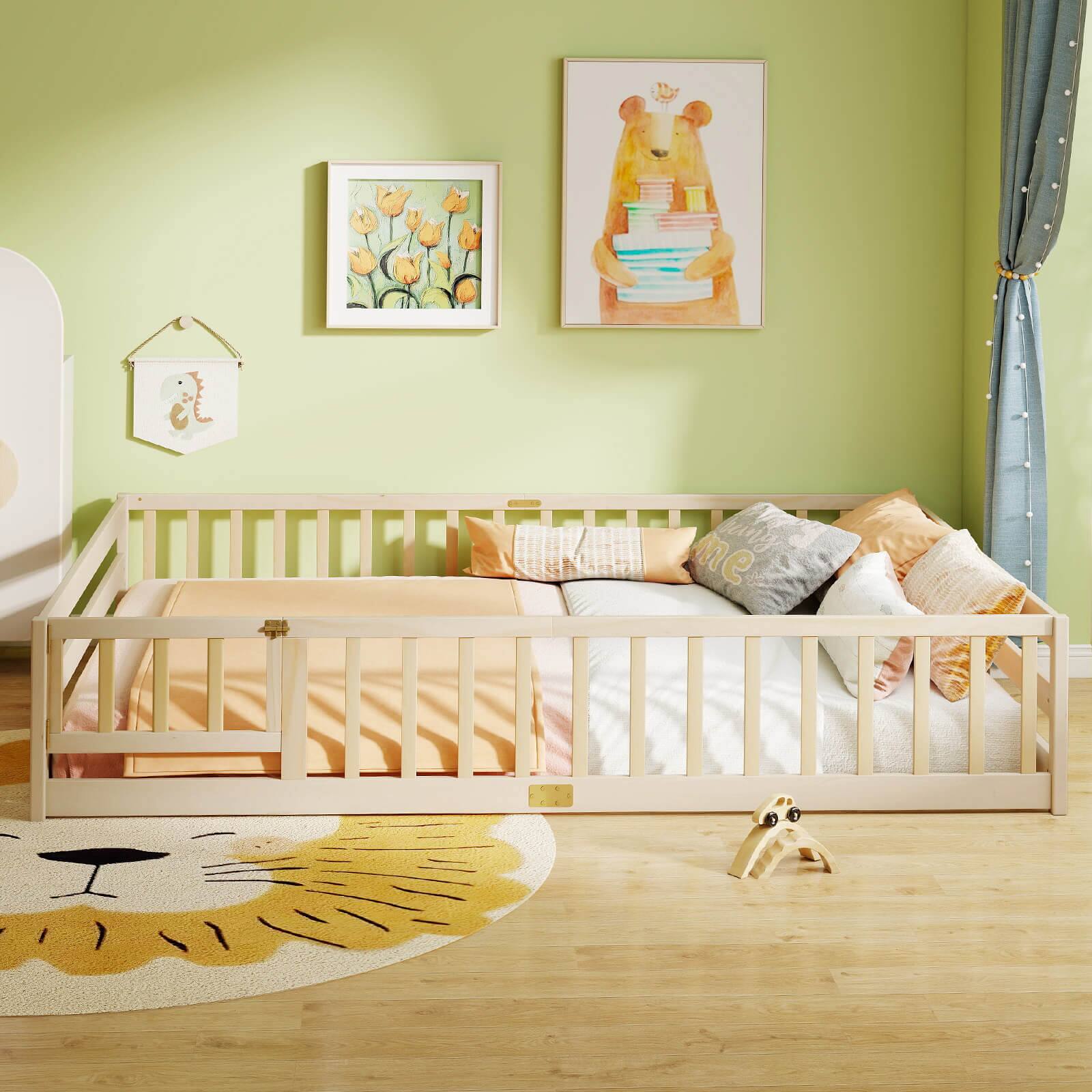 Alt View 4. Costway - Costway Queen Size Floor Bed with Full Length Safety Guardrails & Door for Boys, Girls - Natural.