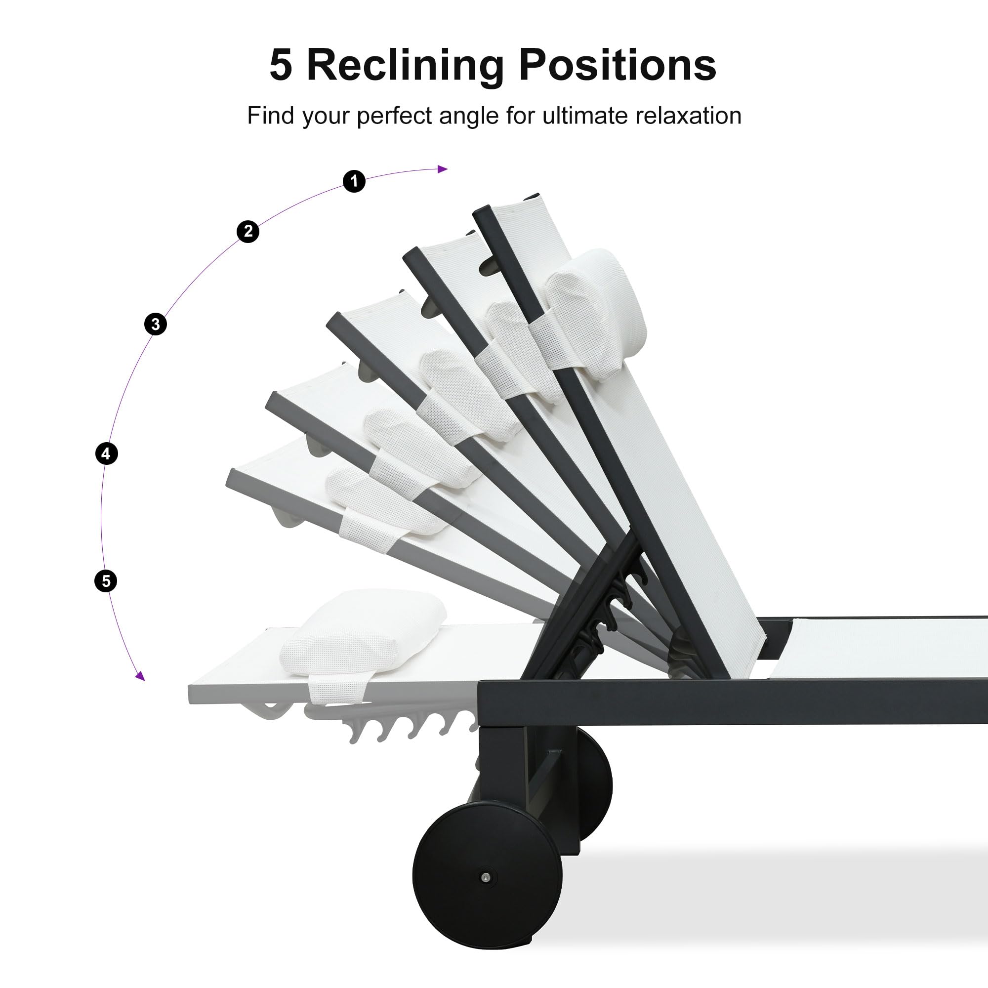 5 Reclining Positions  
Find your perfect angle for ultimate relaxation  

1  
2  
3  
4  
5