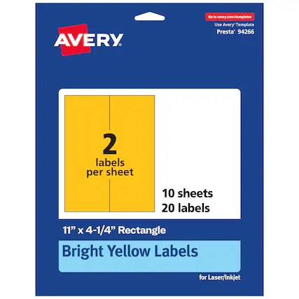 Go to avery.com/templates
AVERY
Use Avery™ Template Presta® 94266
2 labels per sheet
10 sheets
20 labels
11" x 4-1/4" Rectangle
Bright Yellow Labels for Laser/Inkjet