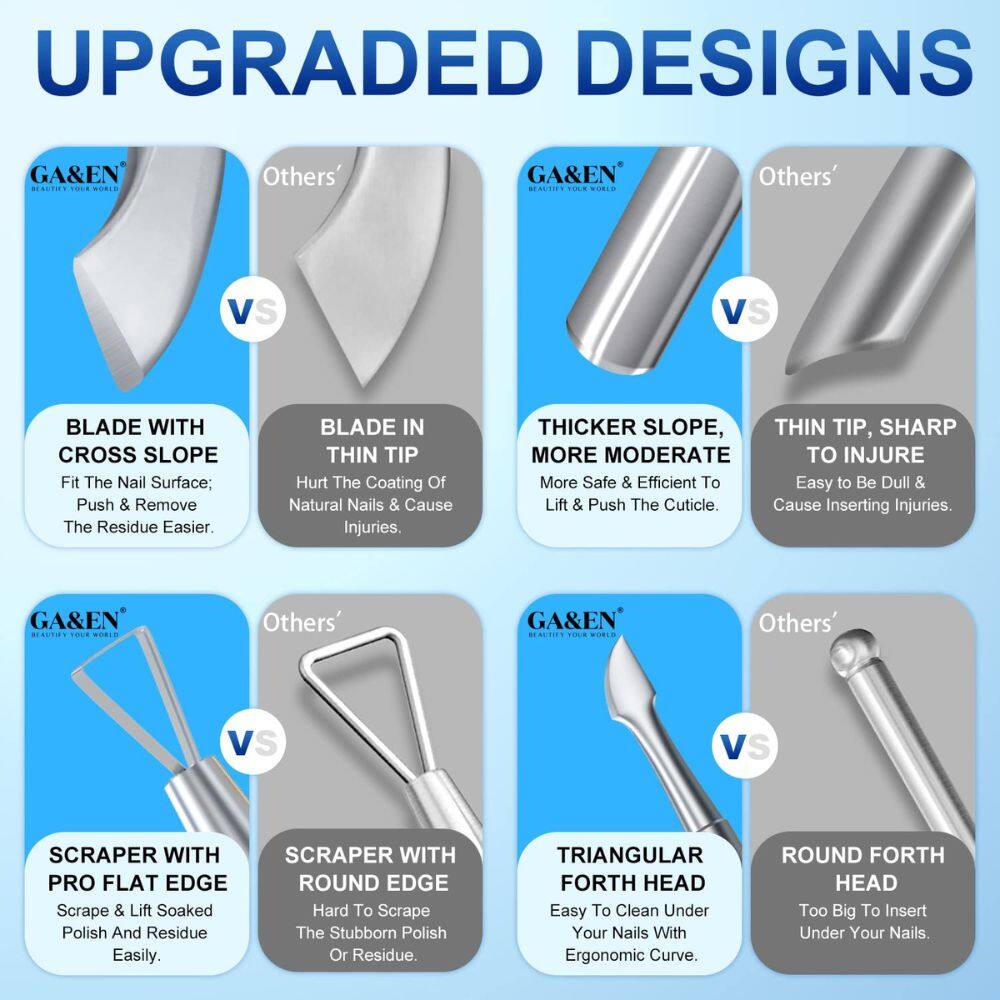 **UPGRADED DESIGNS**

**GA&EN**  
**Others'**

**BLADE WITH CROSS SLOPE**  
Fit The Nail Surface; Push & Remove The Residue Easier.

**BLADE IN THIN TIP**  
Hurt The Coating Of Natural Nails & Cause Injuries.

**THICKER SLOPE, MORE MODERATE**  
More Safe & Efficient To Lift & Push The Cuticle.

**THIN TIP, SHARP TO INJURE**  
Easy to Be Dull & Cause Inserting Injuries.

**GA&EN**  
**Others'**

**SCRAPER WITH PRO FLAT EDGE**  
Scrape & Lift Soaked Polish And Residue Easily.

**SCRAPER WITH ROUND EDGE**  
Hard To Scrape The Stubborn Polish Or Residue.

**TRIANGULAR FORTH HEAD**  
Easy To Clean Under Your Nails With Ergonomic Curve.

**ROUND FORTH HEAD**  
Too Big To Insert Under Your Nails.