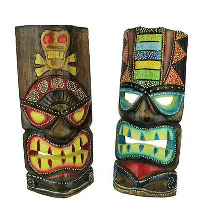 Front. Chesapeake Bay - 12 inch Tall Hand Crafted Wooden Tiki Totem Wall Mask Set of 2 - Multicolored.
