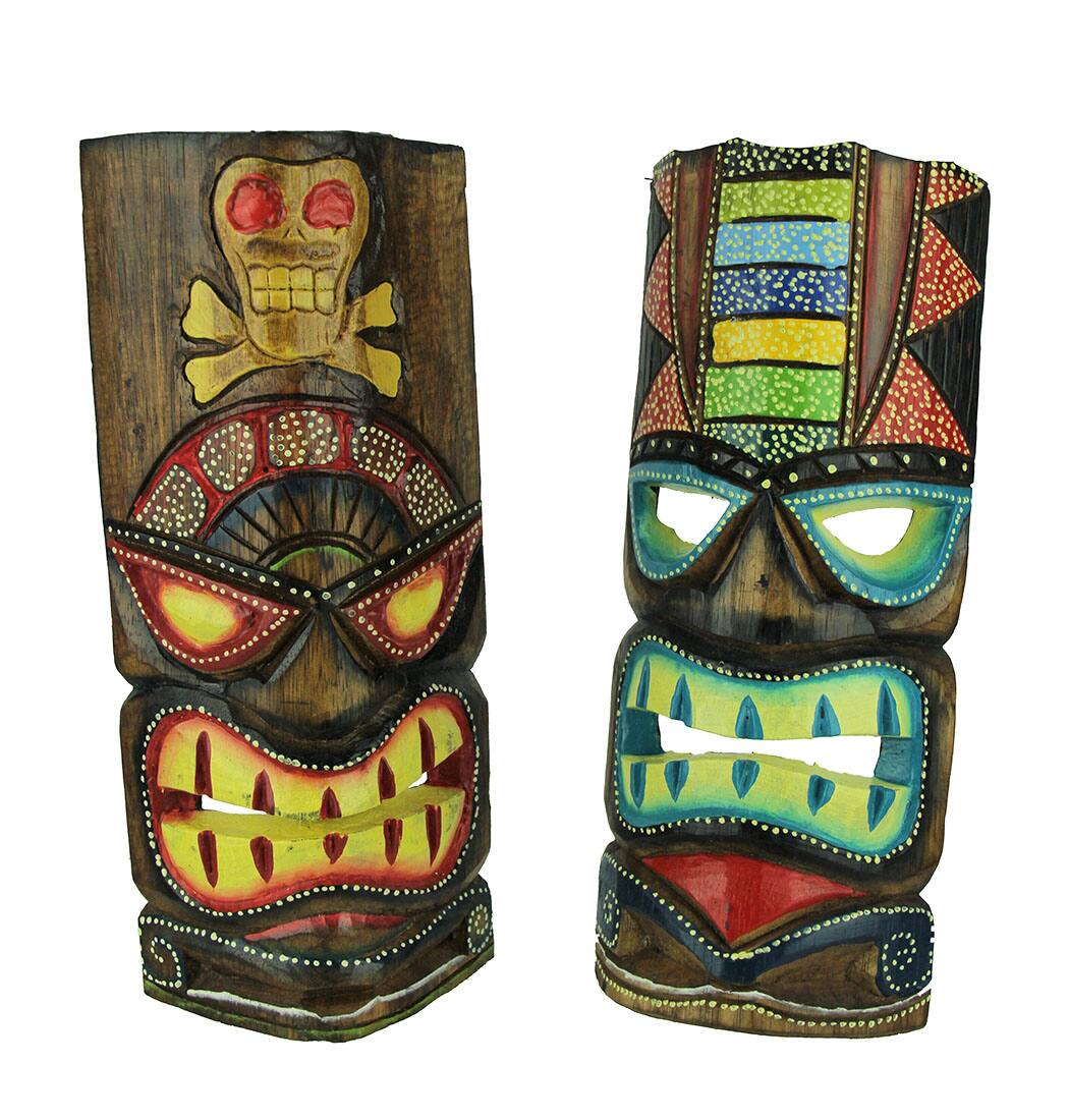 Front. Chesapeake Bay - 12 inch Tall Hand Crafted Wooden Tiki Totem Wall Mask Set of 2 - Multicolored.