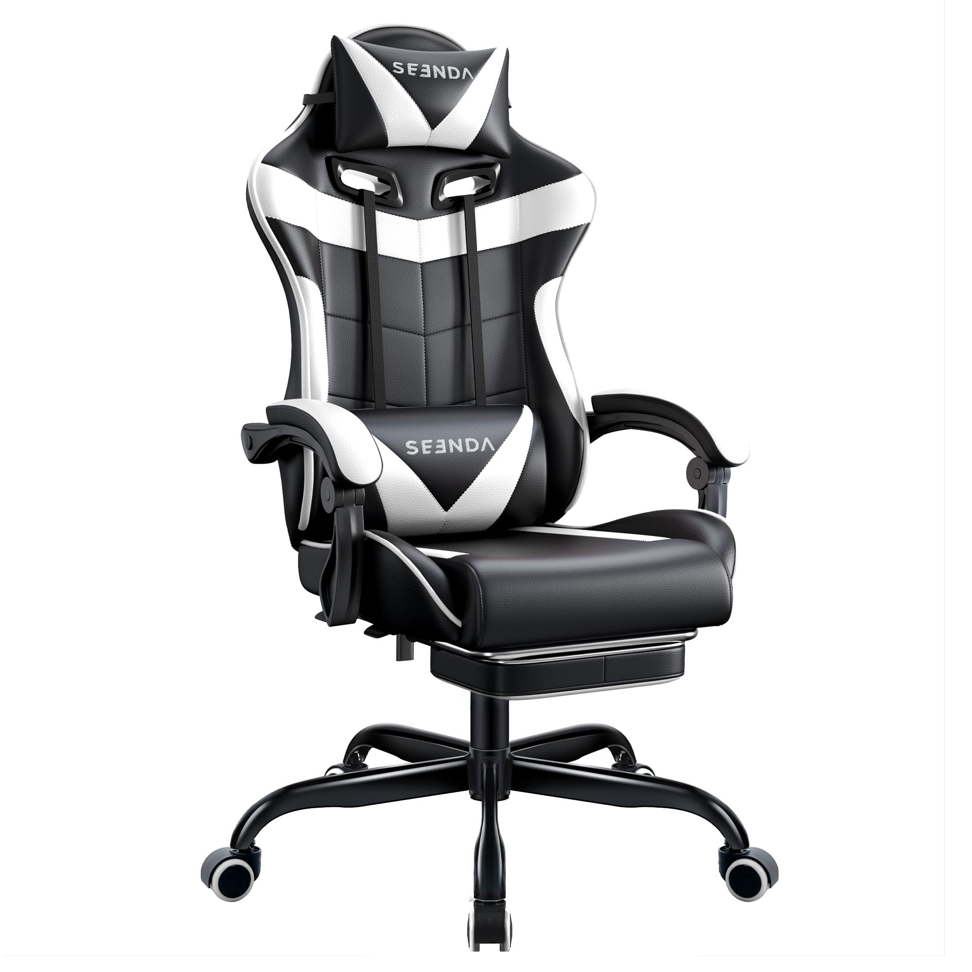 SEENDA - Gaming Chair with Footrest and Lumbar Support, Ergonomic Computer Chair Height Adjustable White - White & Black