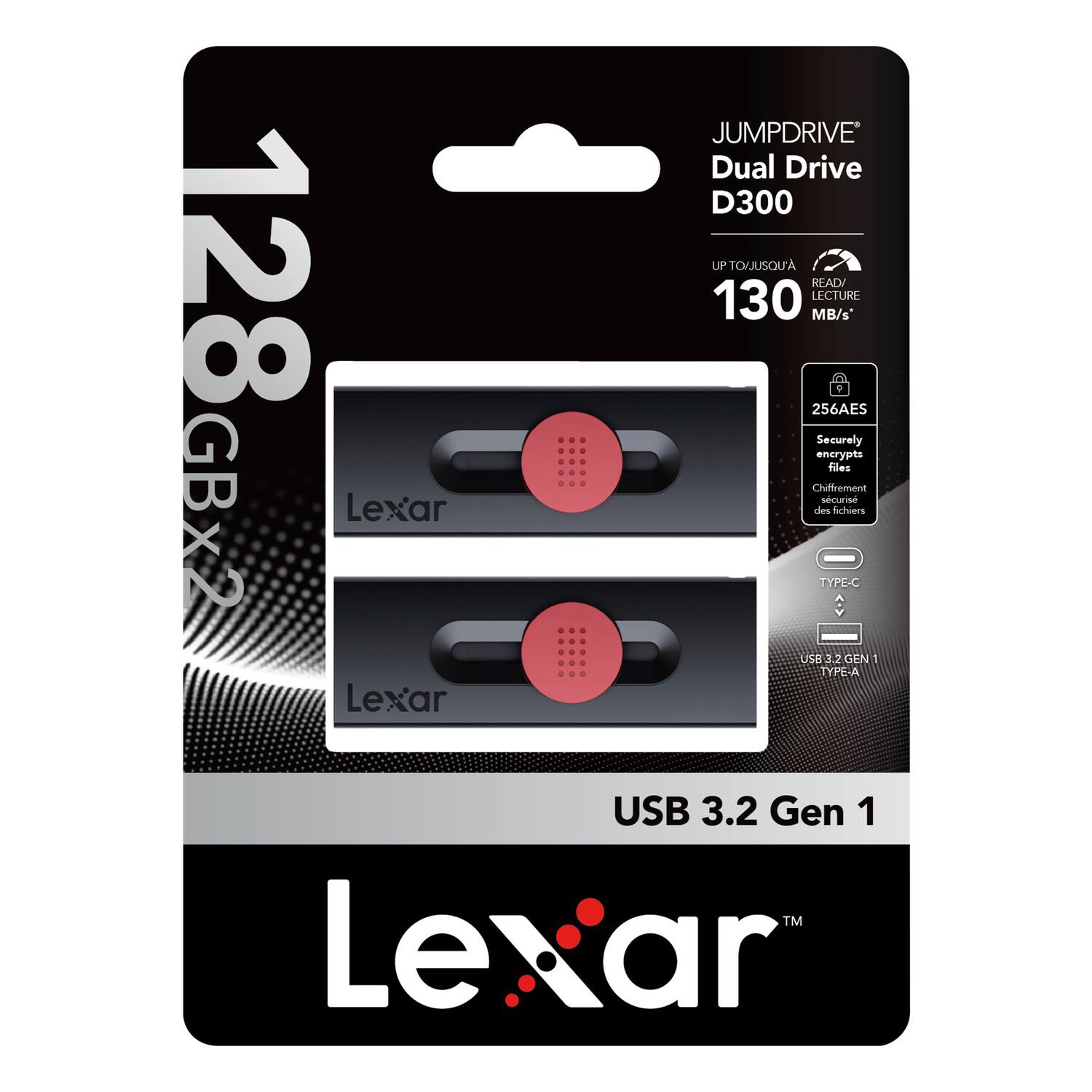 128 GB x2 Lexar JUMPDRIVE Dual Drive D300  
UP TO/JUSQU'A READ/LECTURE 130 MB/s  
256AES Securely encrypts files  
Chiffrement sécurisé des fichiers  
TYPE-C USB 3.2 Gen 1 TYPE-A USB 3.2 Gen 1  
Lexar
