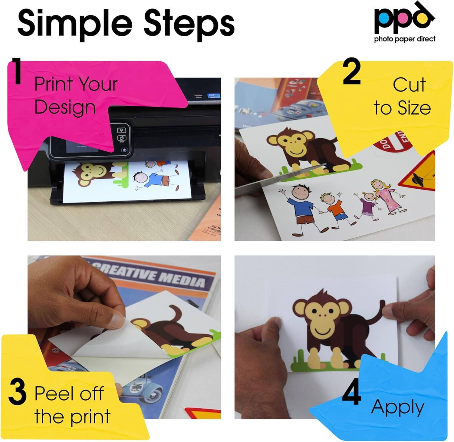 Simple Steps:

1. Print Your Design
2. Cut to Size
3. Peel off the print
4. Apply