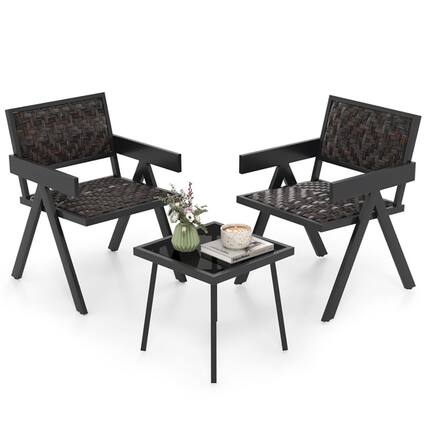 Front. Pefilos - 3 Pieces Patio PE PE Rattan Wicker Bistro Set with Quick-Drying Foam, Patio Conversation Set - Black.