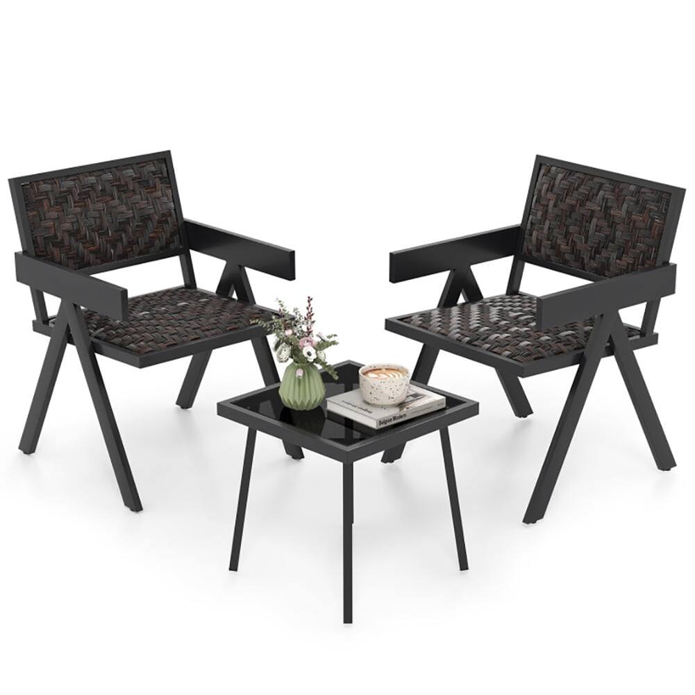 Front. Pefilos - 3 Pieces Patio PE PE Rattan Wicker Bistro Set with Quick-Drying Foam, Patio Conversation Set - Black.