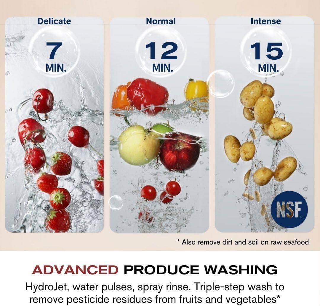 The text on the image is grouped and corrected as follows:

Delicate: 7 MIN.
Normal: 12 MIN.
Intense: 15 MIN.

NSF: Also remove dirt and soil on raw seafood

Advanced Produce Washing:
HydroJet, water pulses, spray rinse.
Triple-step wash to remove pesticide residues from fruits and vegetables*