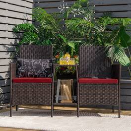 Gymax - Patio Rattan Conversation Furniture Set w/ Loveseat Glass Coffee Table & Cushions - Red