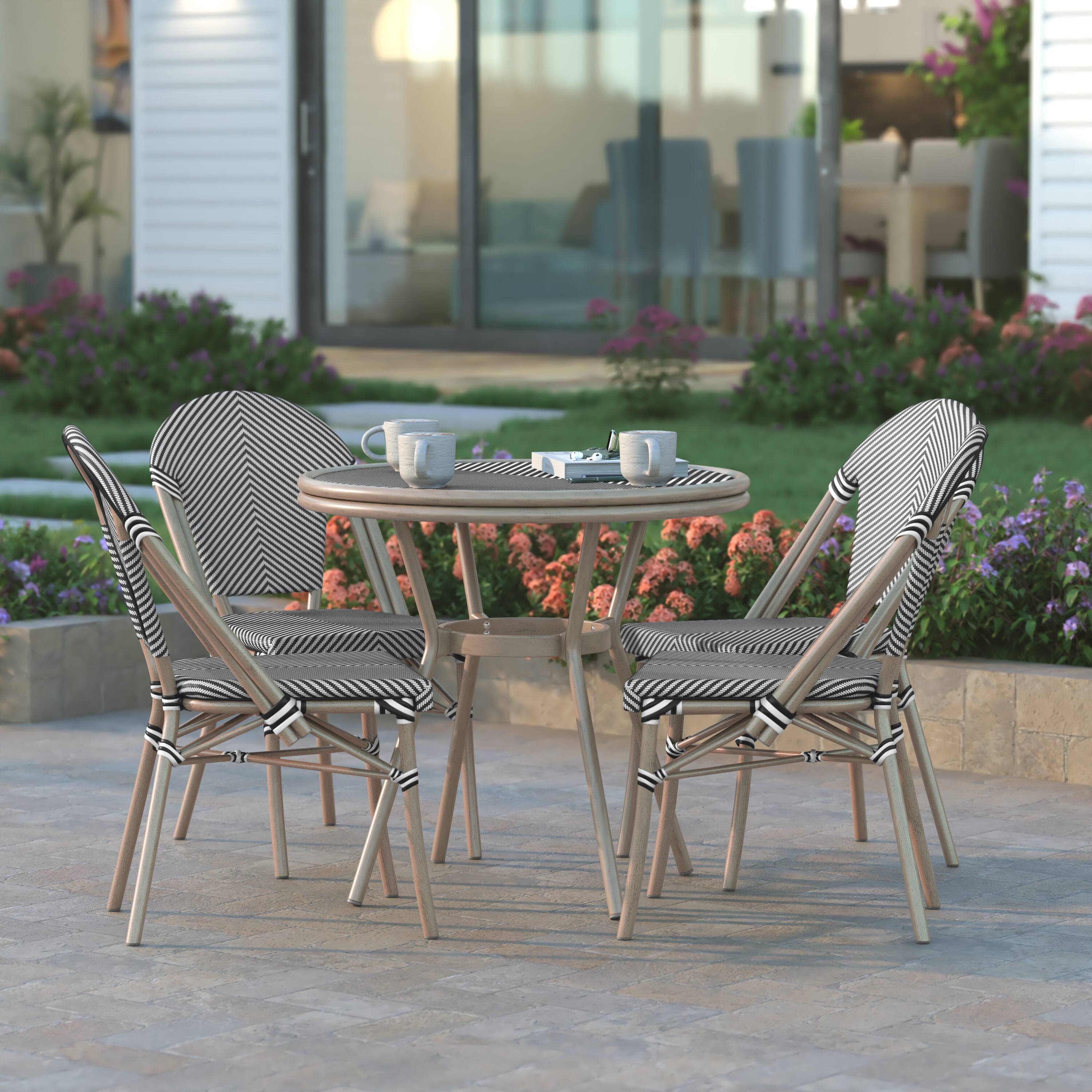 Alt View 3. Emma + Oliver - Massalia Indoor/Outdoor Bistro Style 31.5 in. Table with Textilene, Glass Top, and Four Chairs - Metal Frame - Black & White Textilene/Light Natural Frame.