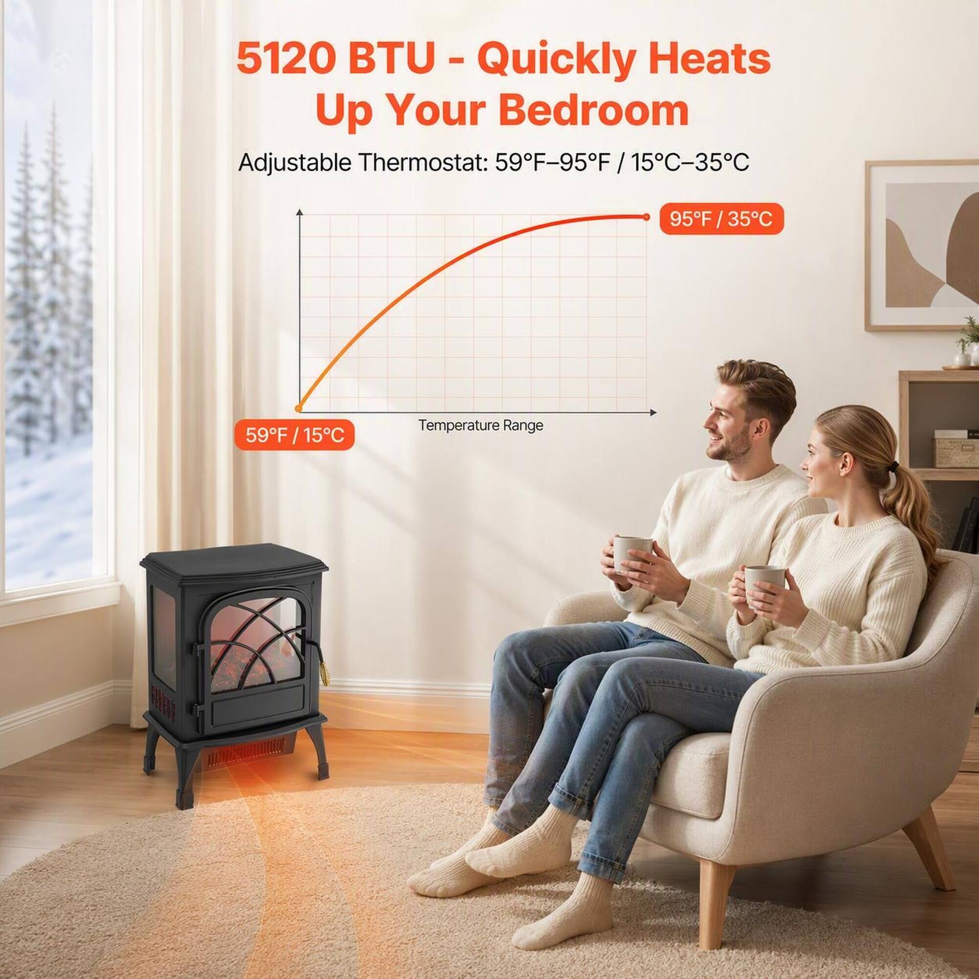 5120 BTU - Quickly Heats Up Your Bedroom  
Adjustable Thermostat: 59°F-95°F / 15°C-35°C  
Temperature Range