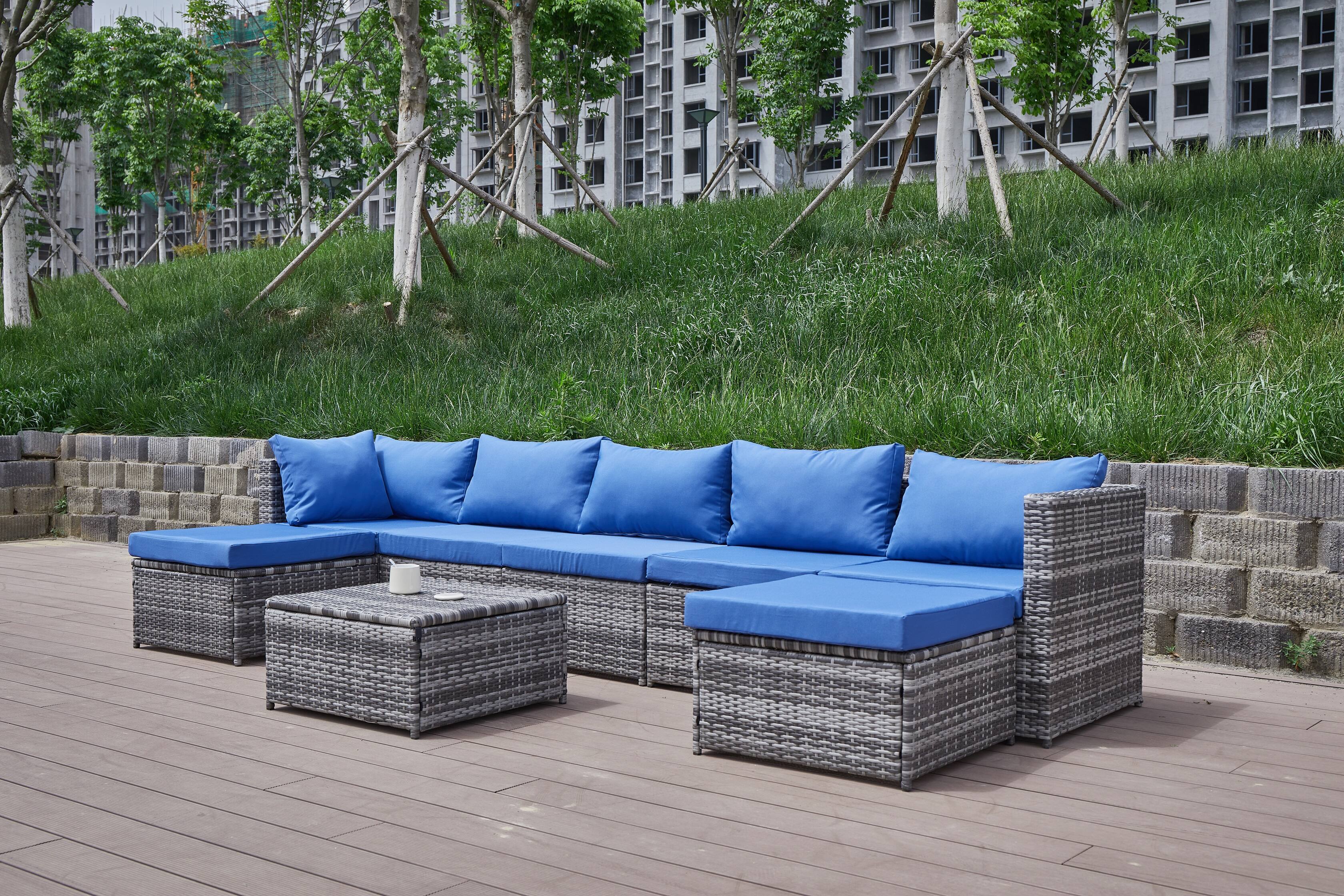 Angle. Siljoy - Patio Sofa with Cushions - Blue+Grey.