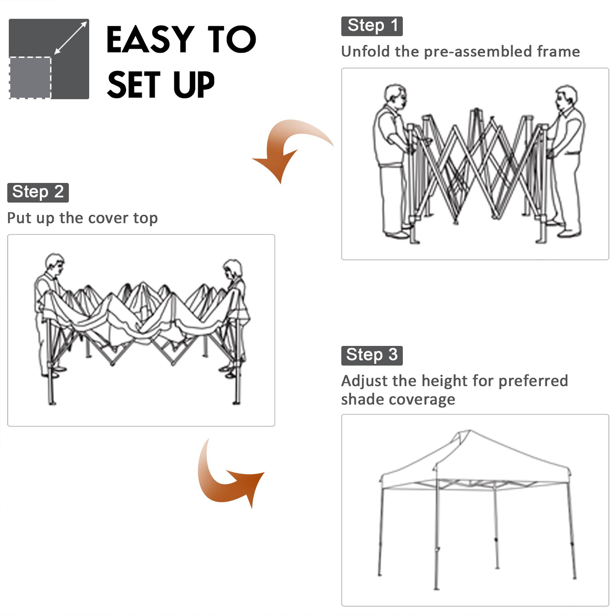 EASY TO SET UP

Step 1  
Unfold the pre-assembled frame

Step 2  
Put up the cover top

Step 3  
Adjust the height for preferred shade coverage