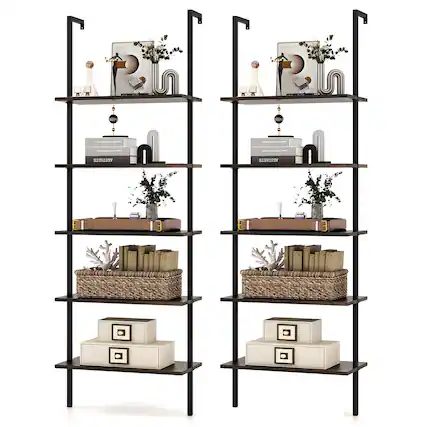Front. Gymax - Gymax 2 PCS 5 Tier Ladder Shelf 71'' Wall-Mounted Bookshelf Display Storage Organizer - Brown.